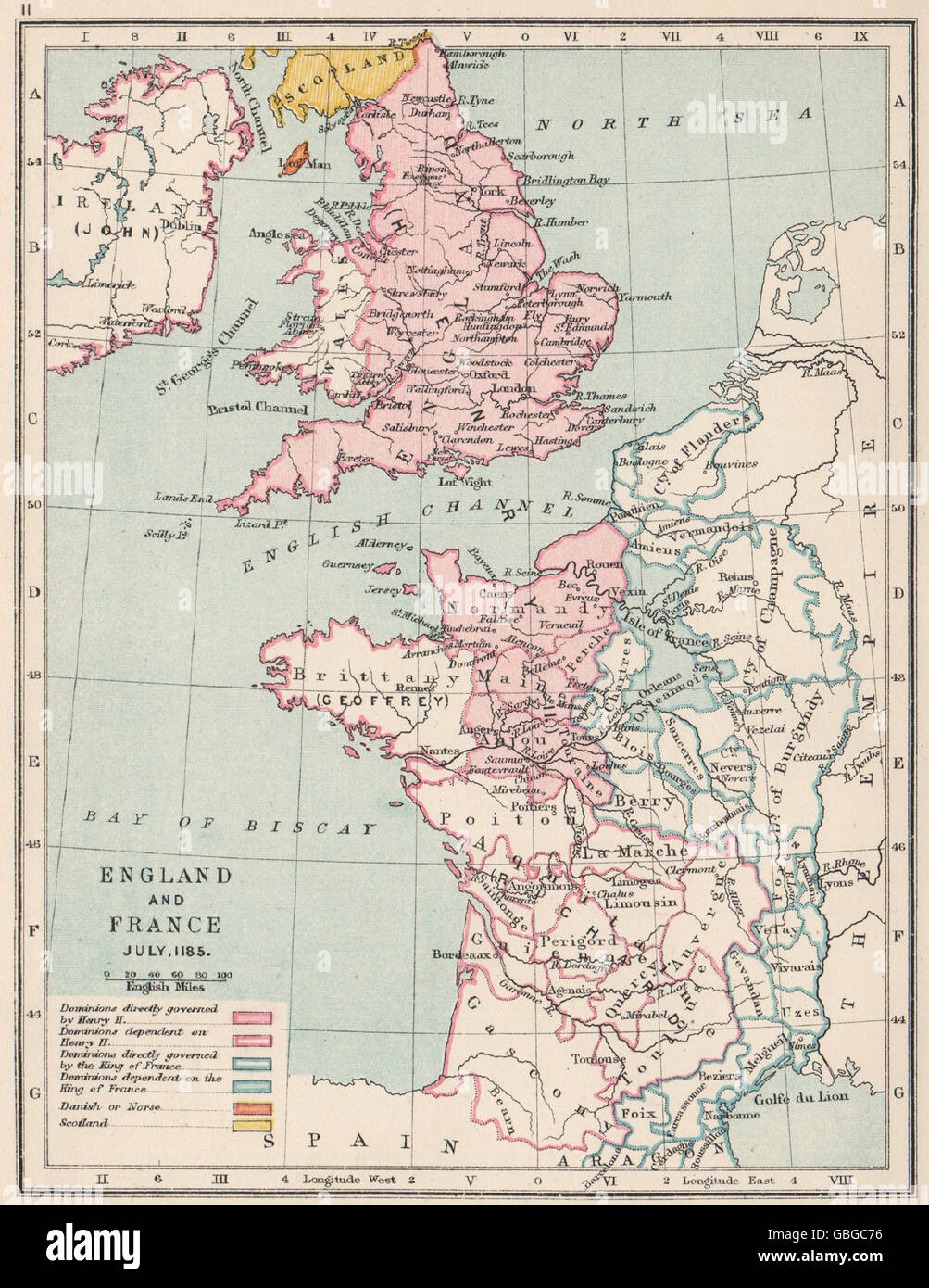 ENGLAND & Frankreich Juli 1185: Kingdoms & Abhängigkeiten. Englischen Besitzungen 1907 Karte Stockfoto