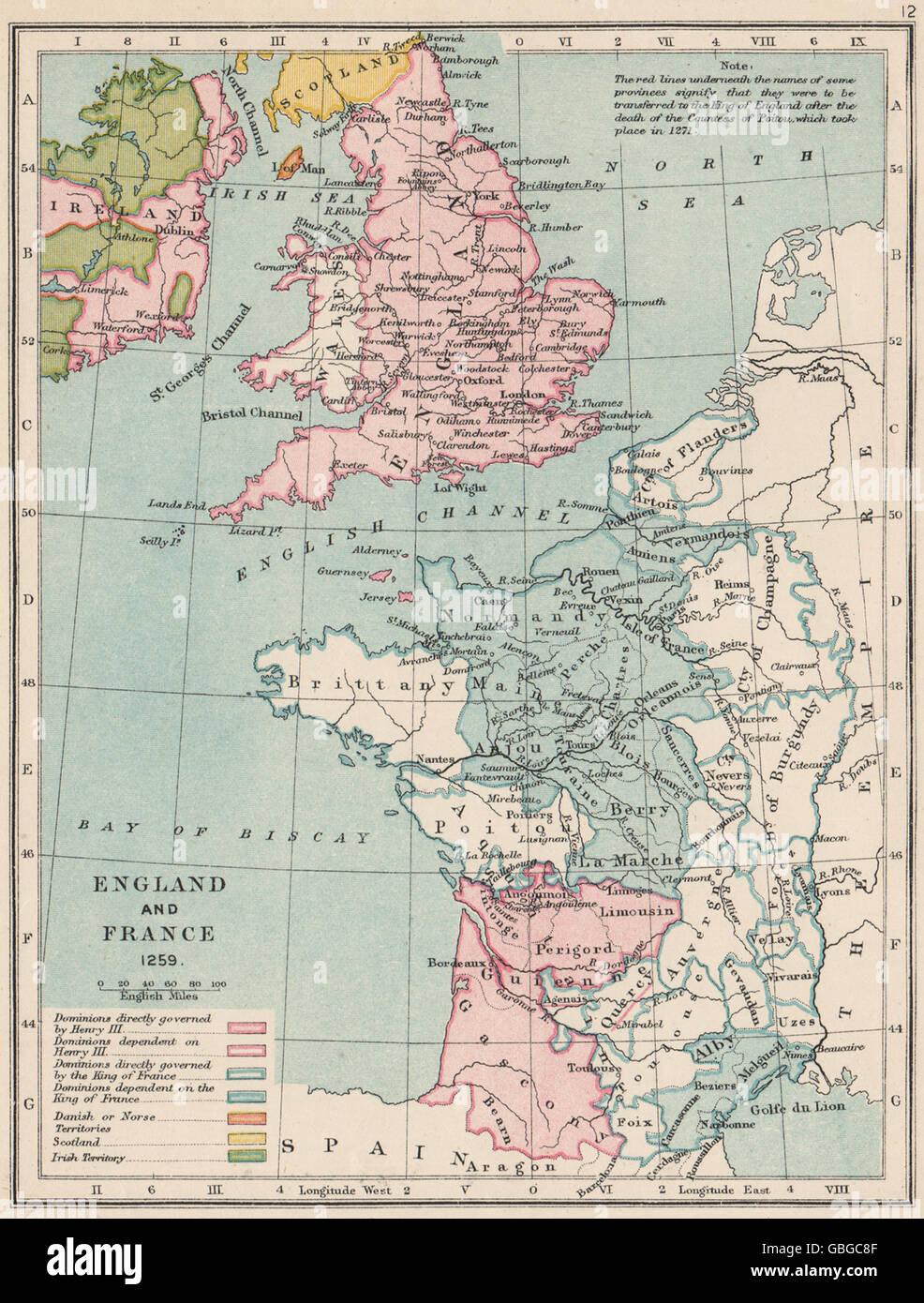 ENGLAND & Frankreich: Kingdoms & Abhängigkeiten im Jahre 1259. Englischen Besitzungen, 1907 Karte Stockfoto