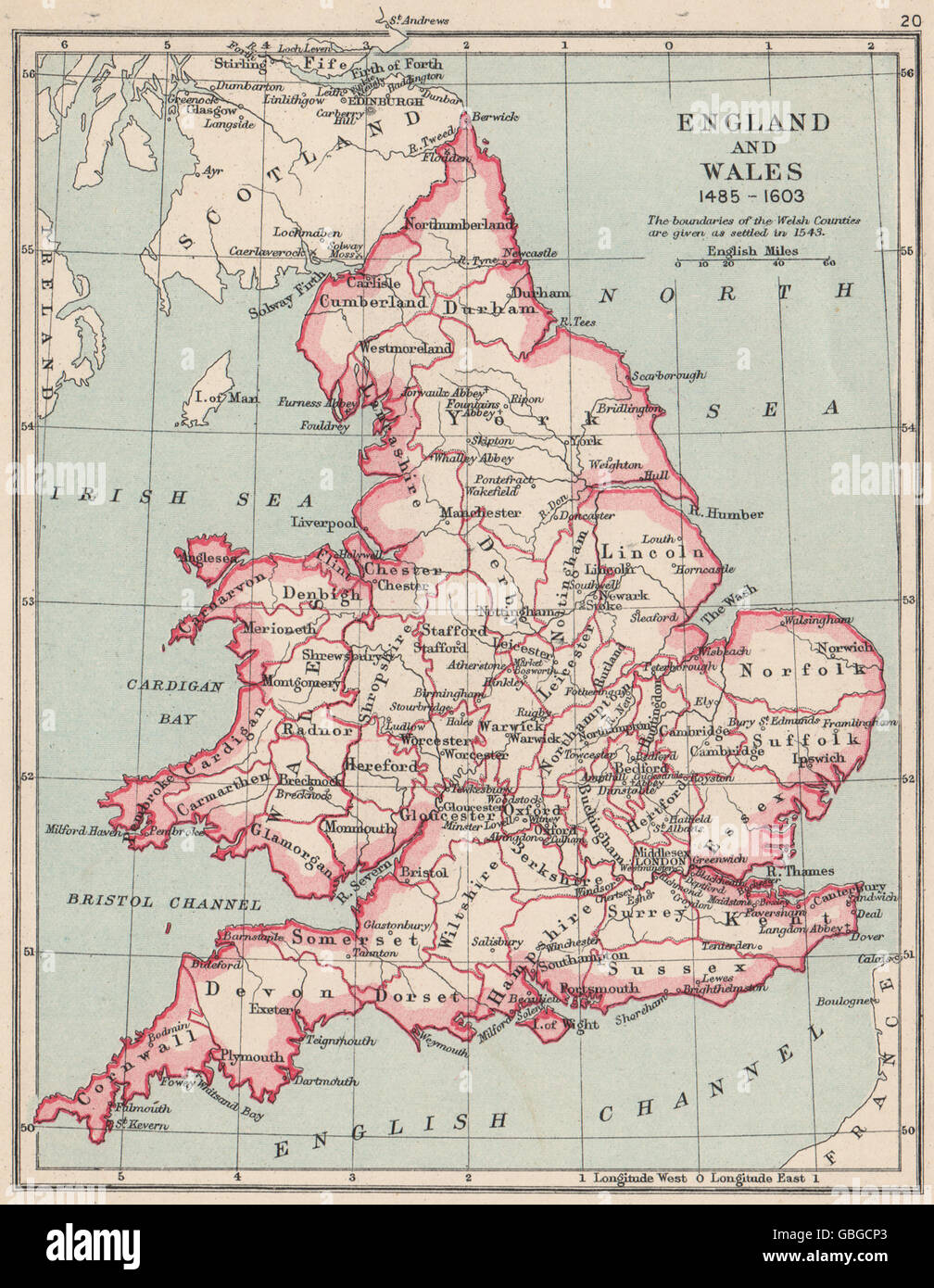 ENGLAND und WALES 1485-1603: zeigt Grafschaften & Städte, 1907 antike Karte Stockfoto