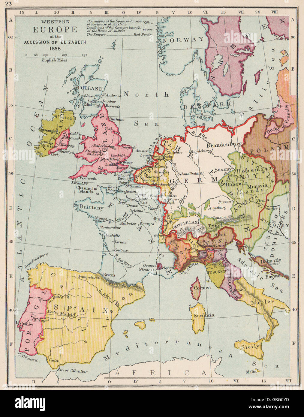 Heiligen Römischen Reiches 1558: Westeuropa. Beitritt von Elizabeth I, 1907 alte Karte Stockfoto