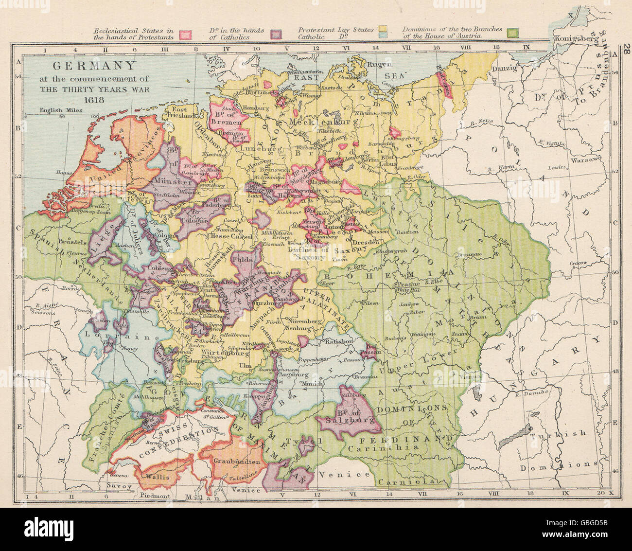 Deutschland 1618: 30 Jahre Krieg. Evangelischen & katholischen Staaten, 1907 Antike Landkarte Stockfoto