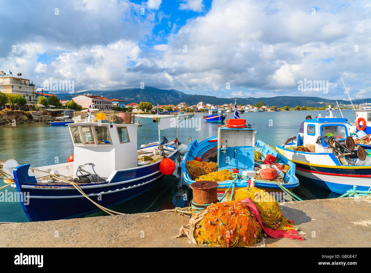 Griechischen Angelboote/Fischerboote im Hafen, Insel Samos, Griechenland Stockfoto