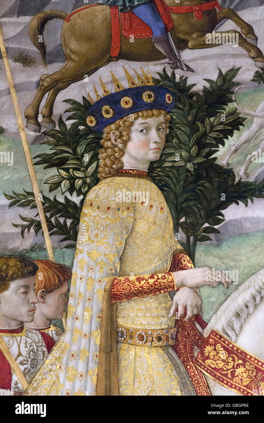 Florenz. Italien. Freskenzyklus der Prozession der Heiligen Drei Könige (Ca. 1460) von Benozzo Gozzoli, Detail der junge König Caspar. Capella dei Magi. Stockfoto