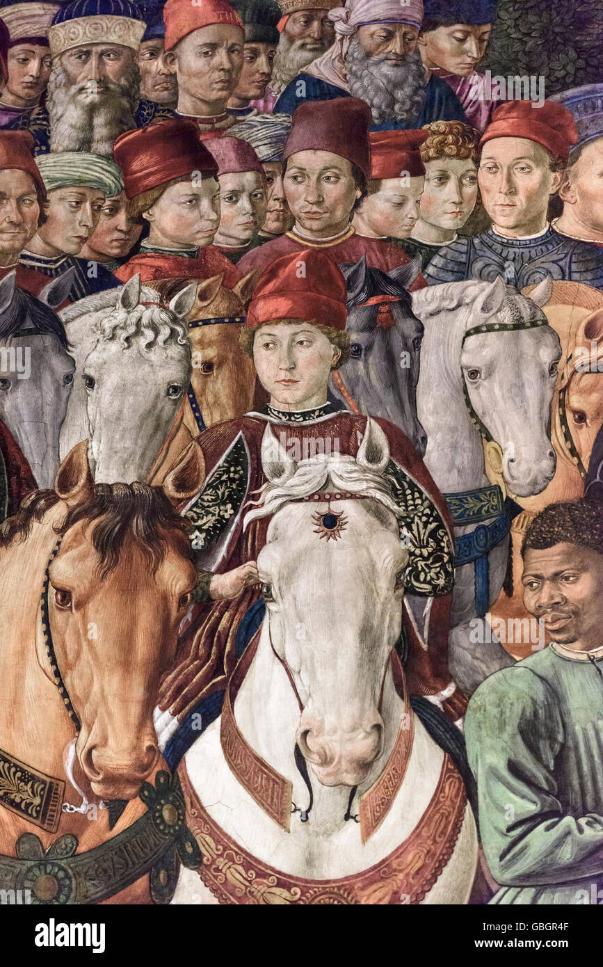 Florenz. Italien. Freskenzyklus der Prozession der Heiligen Drei Könige (Ca. 1460) von Benozzo Gozzoli, Detail von Galeazzo Maria Sforza. Capella dei Magi. Stockfoto