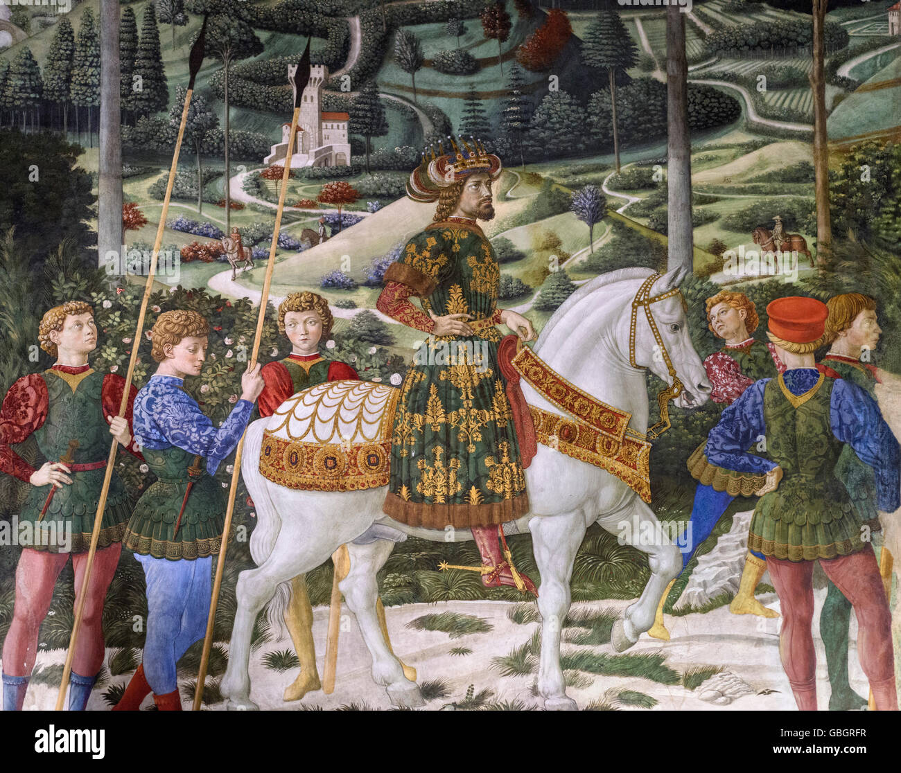 Florenz. Italien. Fresko in der Prozession der Heiligen Drei Könige (Ca. 1460) von Benozzo Gozzoli, Detail der König Balthasar auf dem Pferd. Capella dei Magi. Stockfoto
