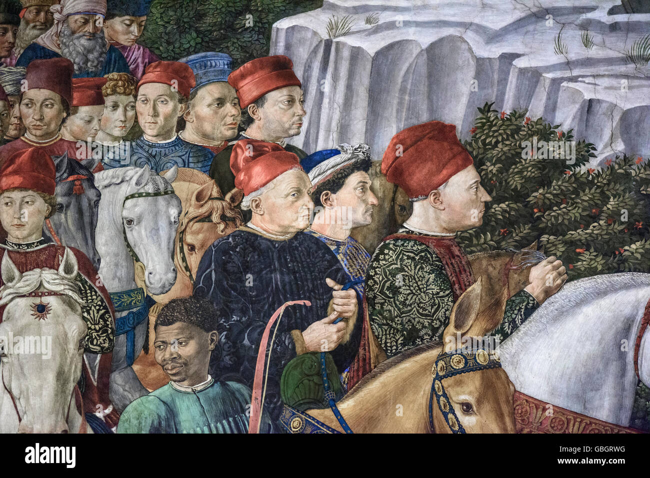 Florenz. Italien. Palazzo Medici Riccardi. Fresko in der Prozession der Heiligen Drei Könige (Detail der Medici) von Benozzo Gozzoli. Capella dei Magi. Stockfoto