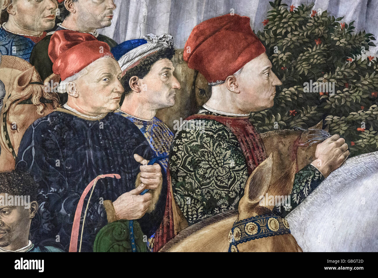 Florenz. Italien. Freskenzyklus der Prozession der Heiligen Drei Könige (Ca. 1460) von Benozzo Gozzoli (Ca. 1421-1497). Capella dei Magi. Palazzo Medici Riccardi. Stockfoto