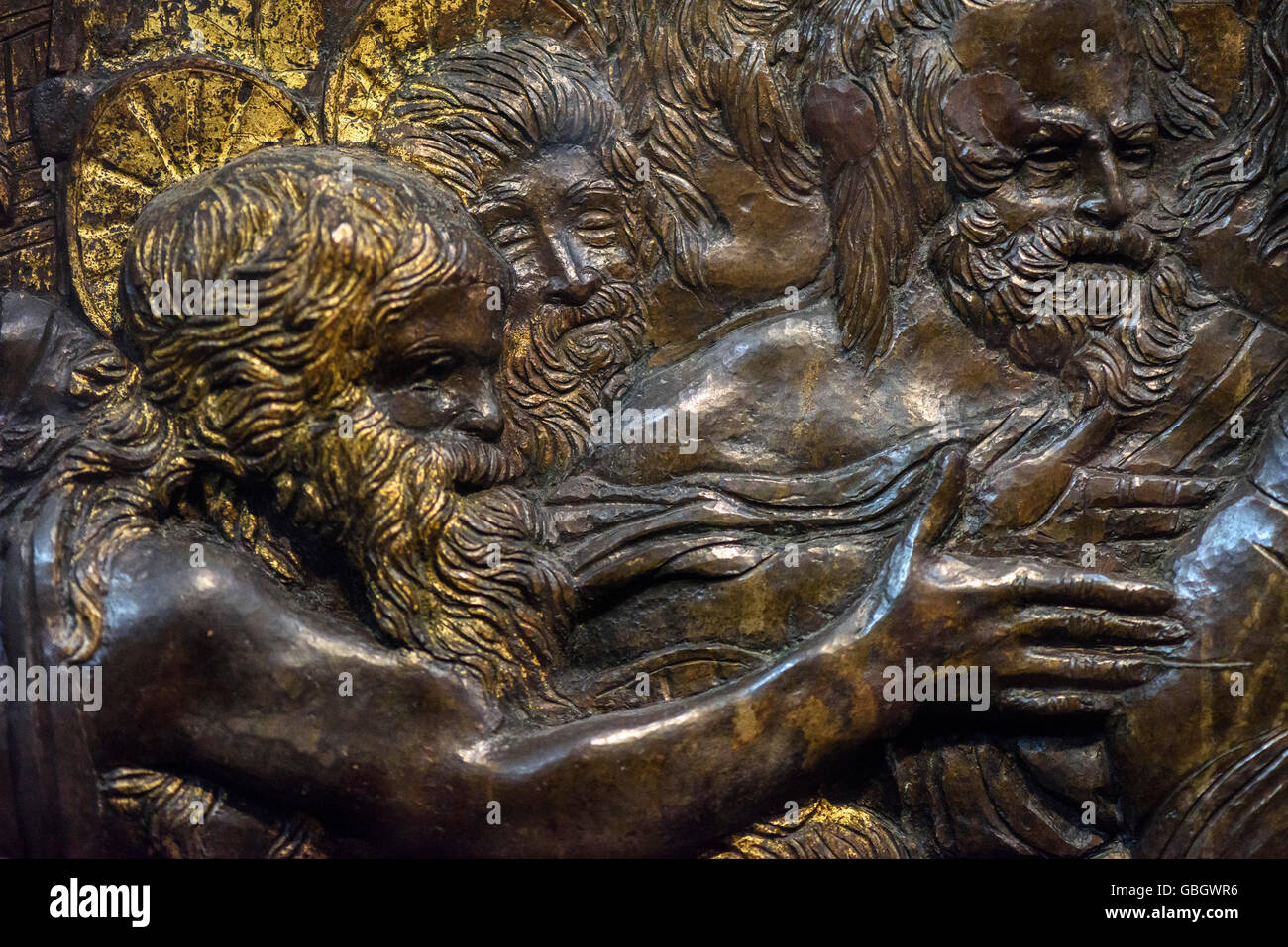 Florenz. Italien. Die Kanzel der Auferstehung (1460-1465) von Donatello, in der Basilika von San Lorenzo. Stockfoto