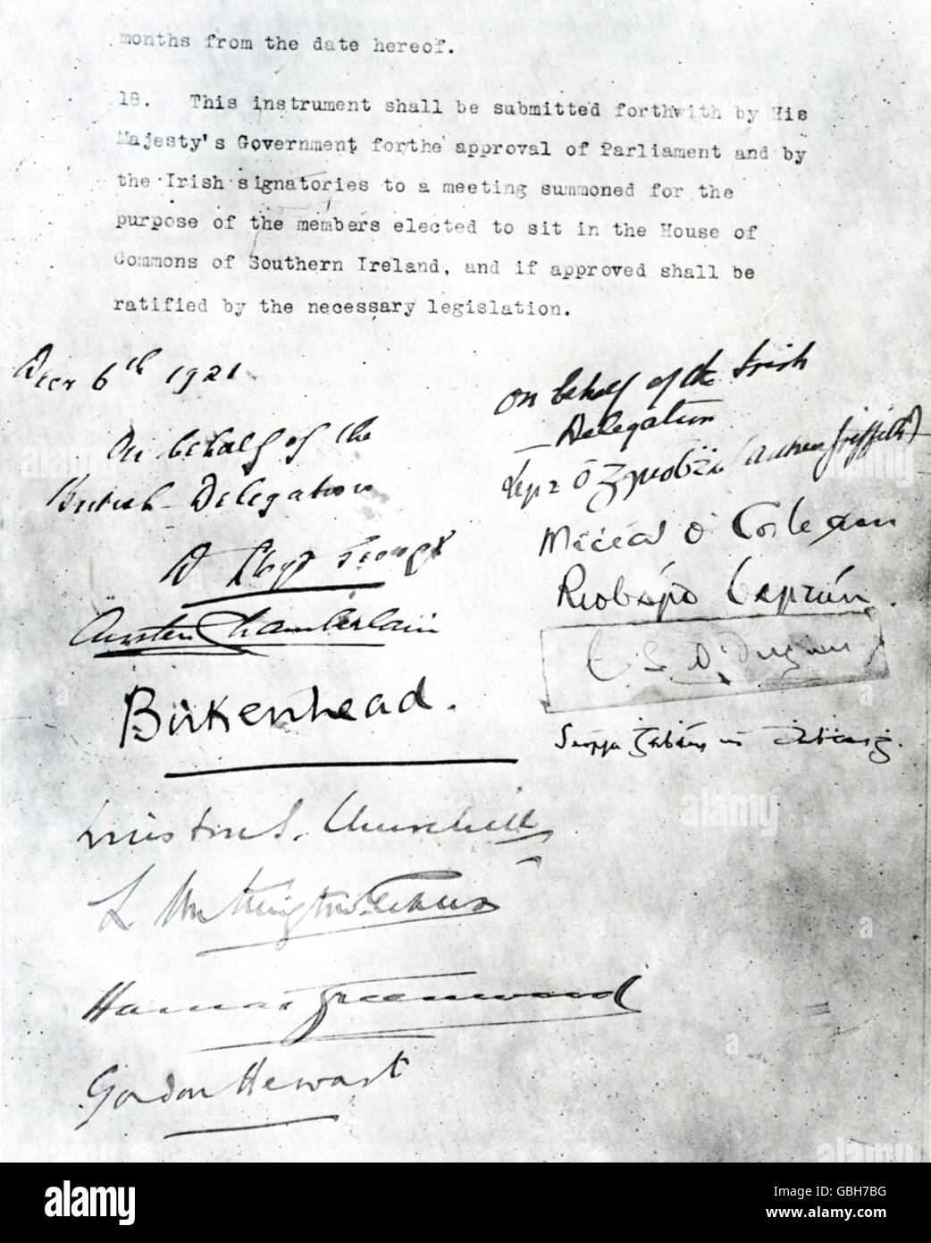 Anglo-Irischer Vertrag Dezember 1921 - Signaturseite Stockfoto