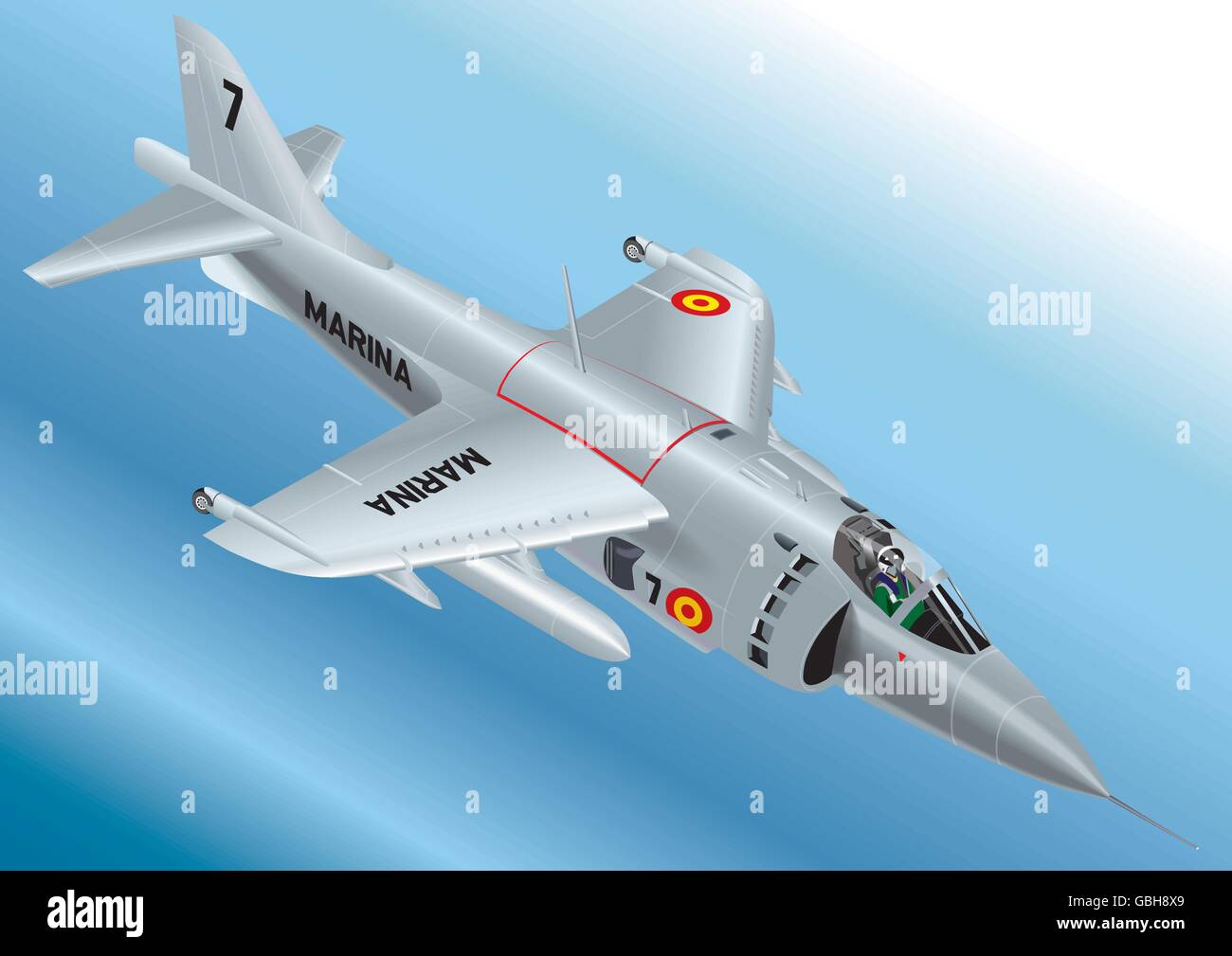 Detaillierte Isometrische Vektor-Darstellung eines AV-8S Matador Vertical Take Off Jet Fighter der spanischen Marine Stock Vektor