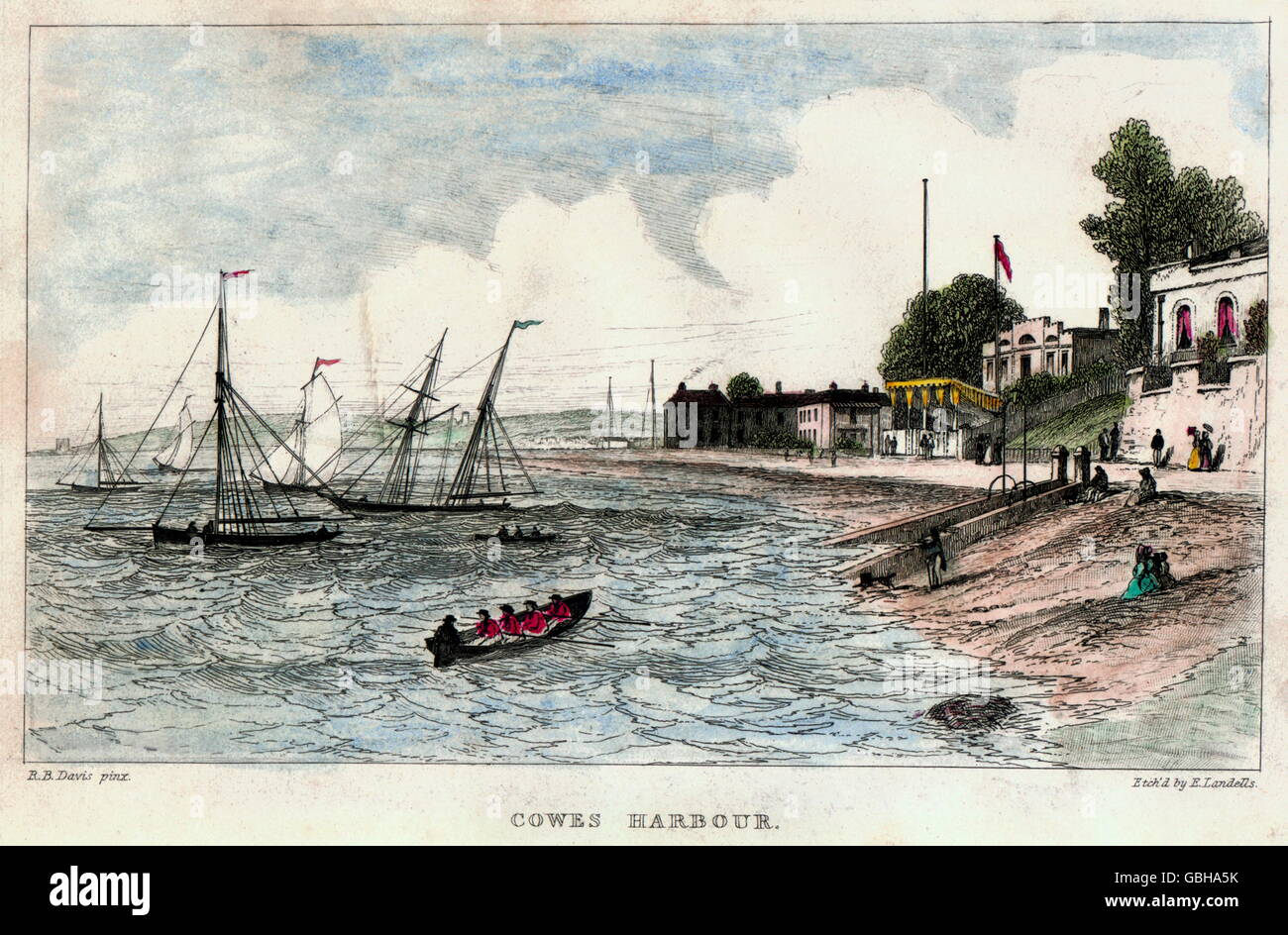 AJAXNETPHOTO. 1850 (CA.). COWES, ISLE OF WIGHT, ENGLAND. -COWES HAFEN VON E.LANDELLS GEÄTZT. AUF DER RECHTEN SEITE IST DIE ROYAL YACHT SQUADRON. EIN SCHONER RIGG ÄHNLICH WIE AMERIKA, GEWINNER DES 100 GUINEA CUP IM JAHRE 1851, IST AN DER KÜSTE VOR ANKER. IMAGE CREDIT: AJAX VINTAGE BILDER. REF: HDD: (E) COWES 1850 Stockfoto