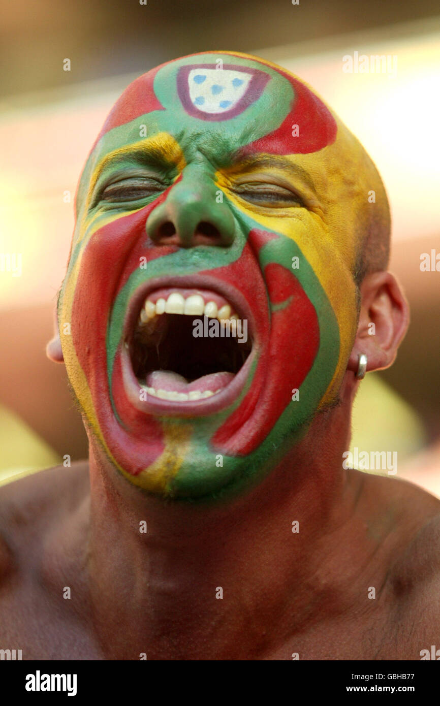 Fußball - UEFA-Europameisterschaft 2004 - Gruppe A - Russland gegen Portugal. Ein Gesicht gemalt Portugal Fan Stockfoto