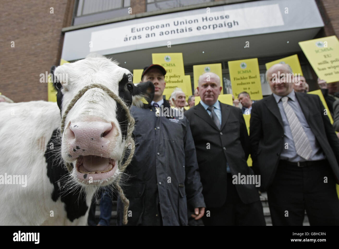 Milcherzeuger demonstrieren heute vor dem EU-Büro in Dublin aus Protest gegen den Zusammenbruch der Milchpreise. Stockfoto