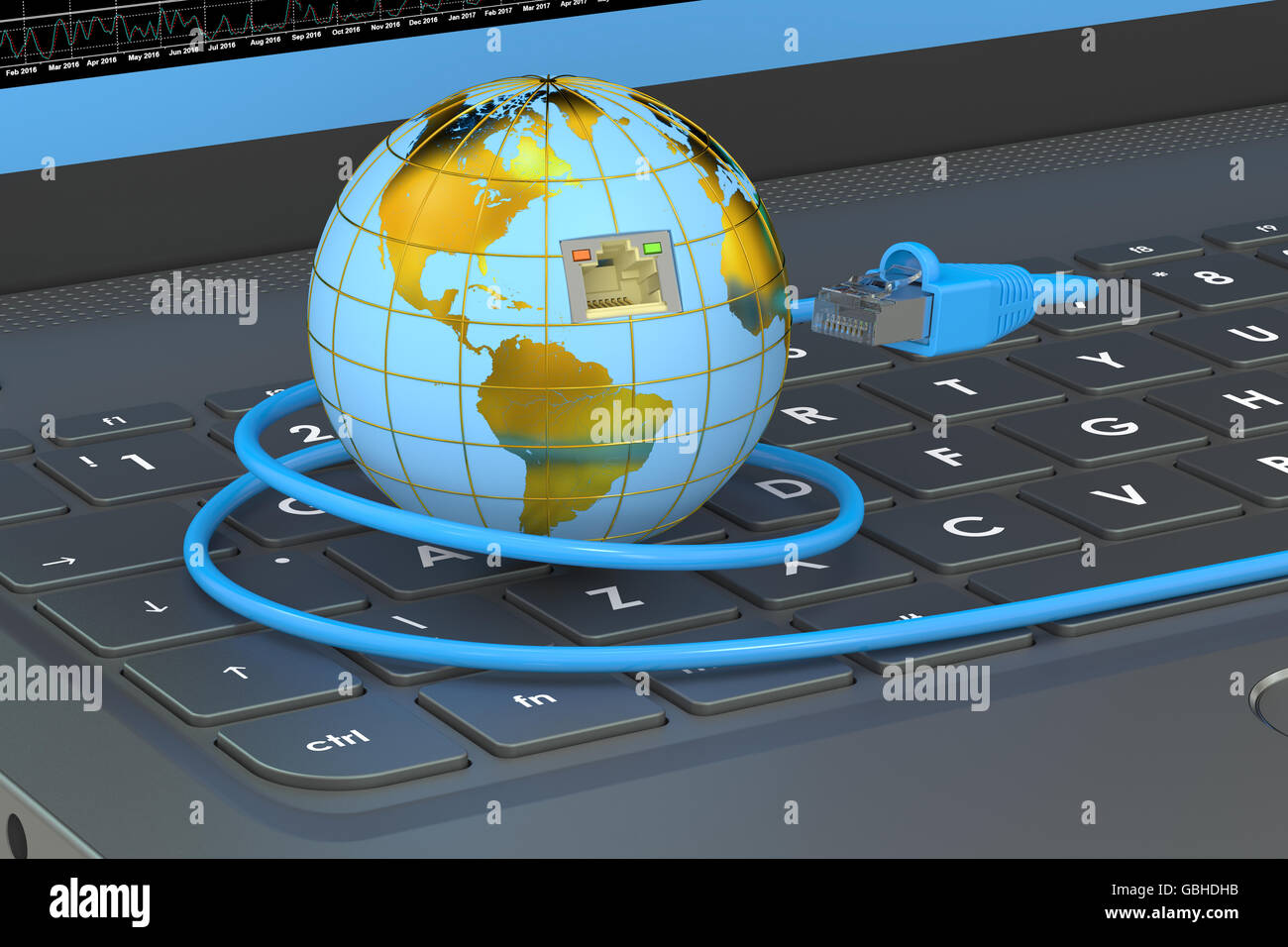 globales Netzwerk Verbindung Konzept auf Laptop. 3D-Rendering Stockfoto