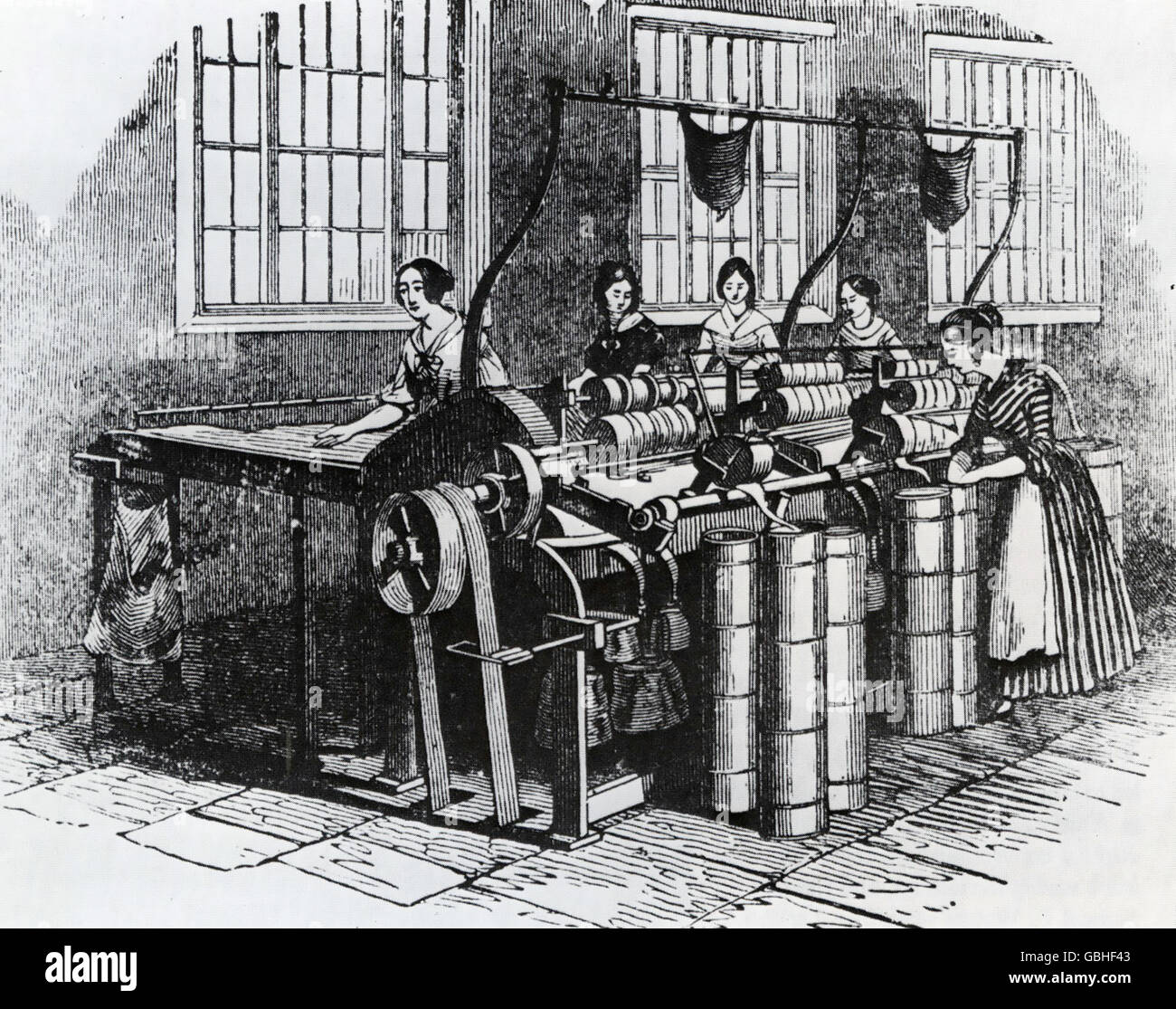 Flachs ArbeiterInnen in einer Ulster Flachsverarbeitung Fabrik im Jahre 1858 von der bildlichen Galerie der Künste Stockfoto