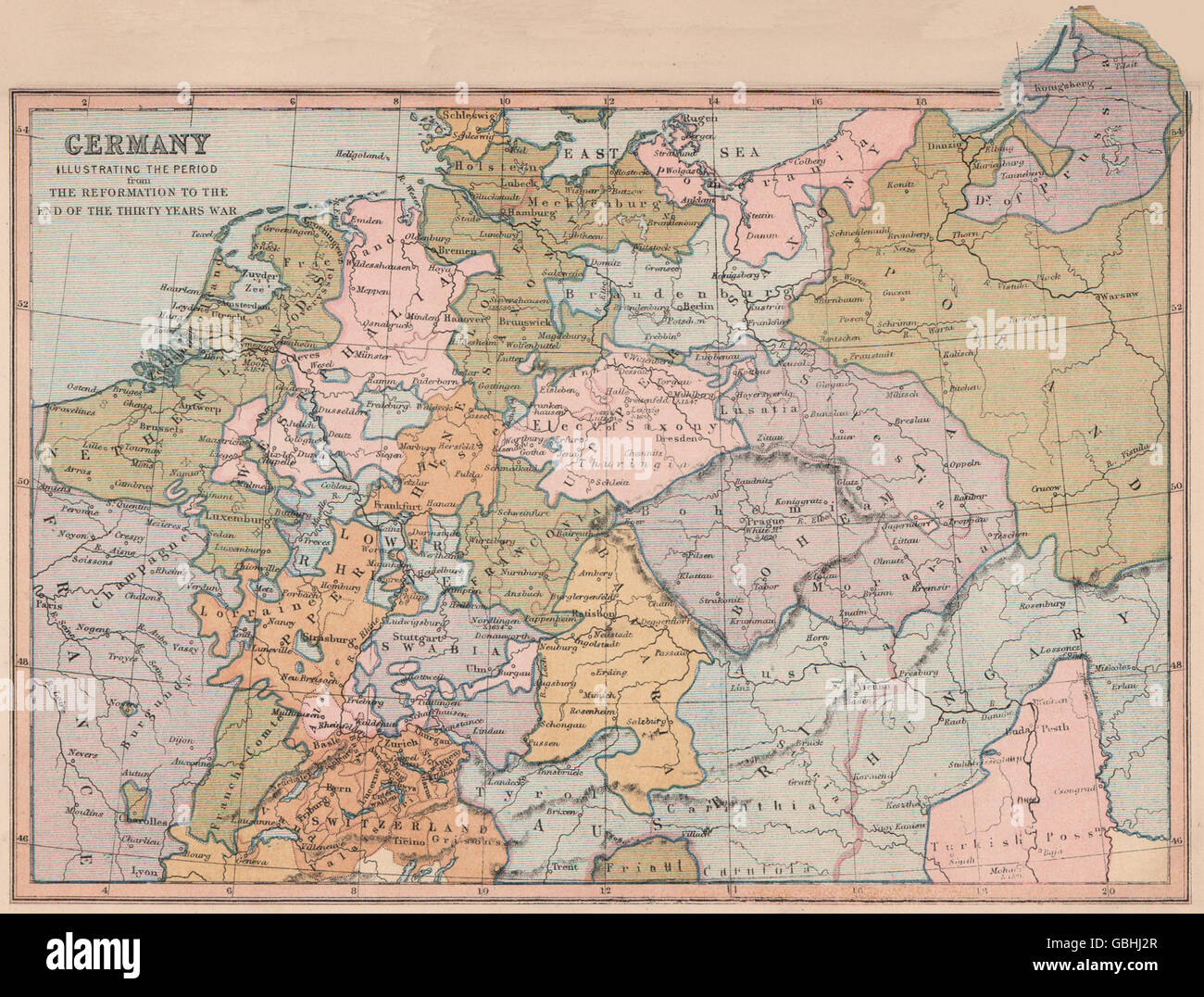 Deutschland: von der Reformation bis zum Ende des 30-jährigen Krieges. COLLINS, 1880-Karte Stockfoto