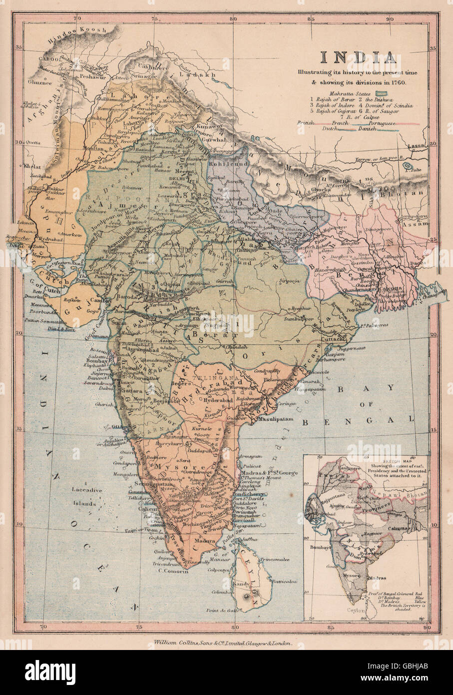 Indien 1760:British Französisch Portugiesisch Niederländisch Danish.Presidencies.COLLINS, 1880-Karte Stockfoto