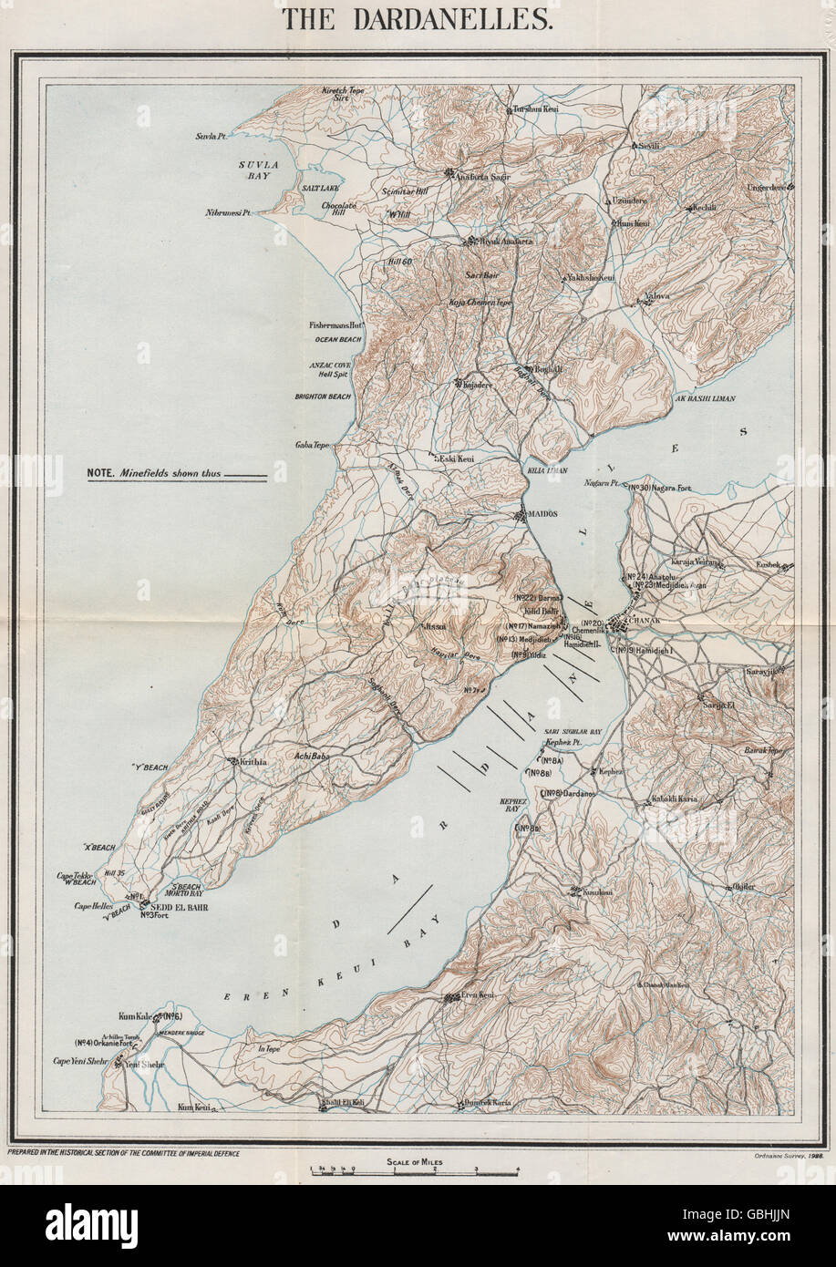 Erster Weltkrieg: Die Dardanellen. Minenfelder. Militärkarte, 1928 Stockfoto