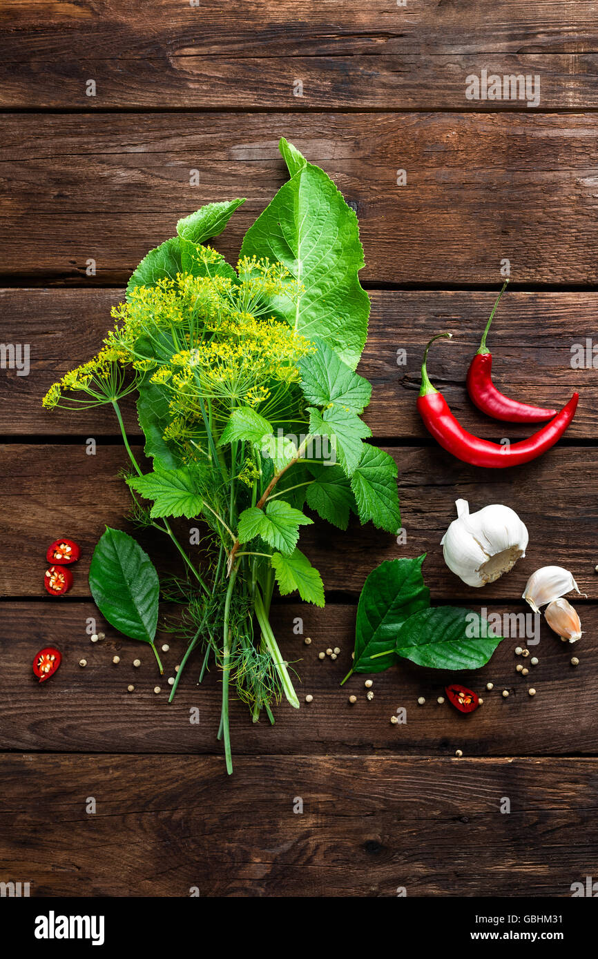 Beizen, Gurken Zutaten, Kräuter, Gewürze, Draufsicht, rustikalen Stil Stockfoto