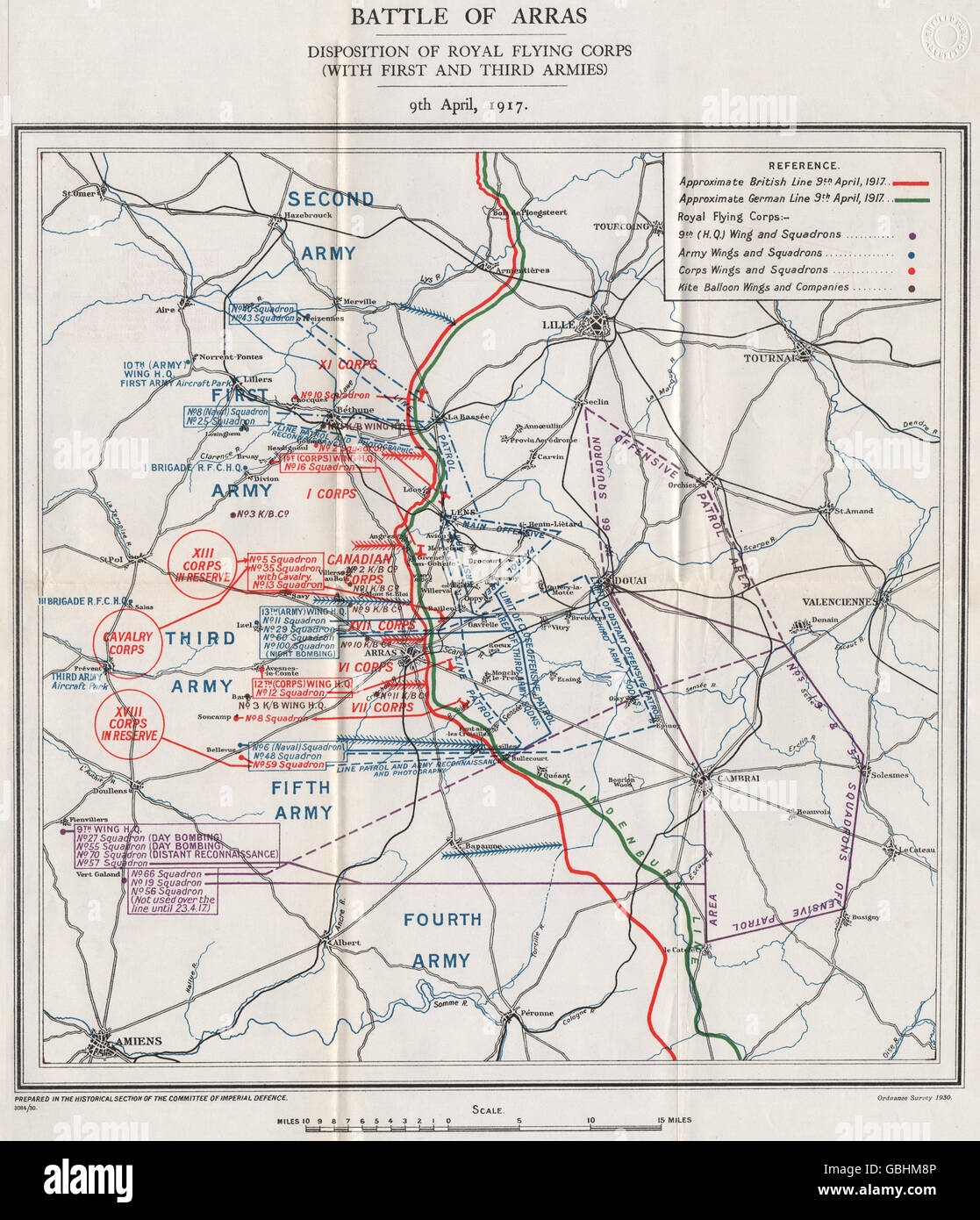 WW1 Westfront: Schlacht von Arras. Royal Flying Corps April 1917, 1931 Karte Stockfoto