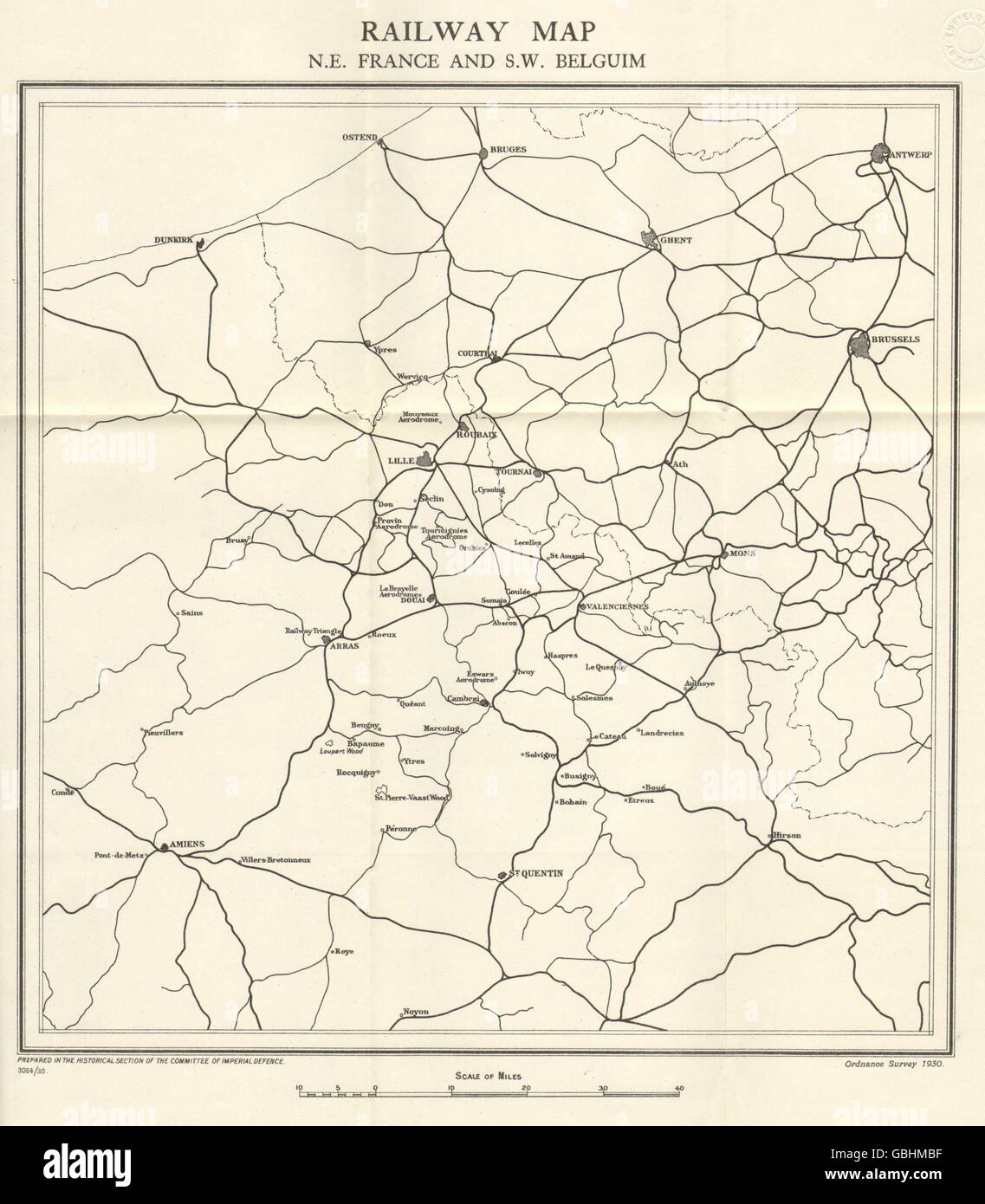 WW1 Westfront: Eisenbahnkarte, Nord-Ost Frankreich & Süd West Belgien, 1931 Stockfoto