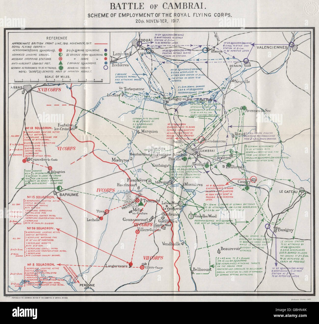 WW1 Westfront: Schlacht von Cambrai. Royal Flying Corps 20. November 1917, 1934 Karte Stockfoto