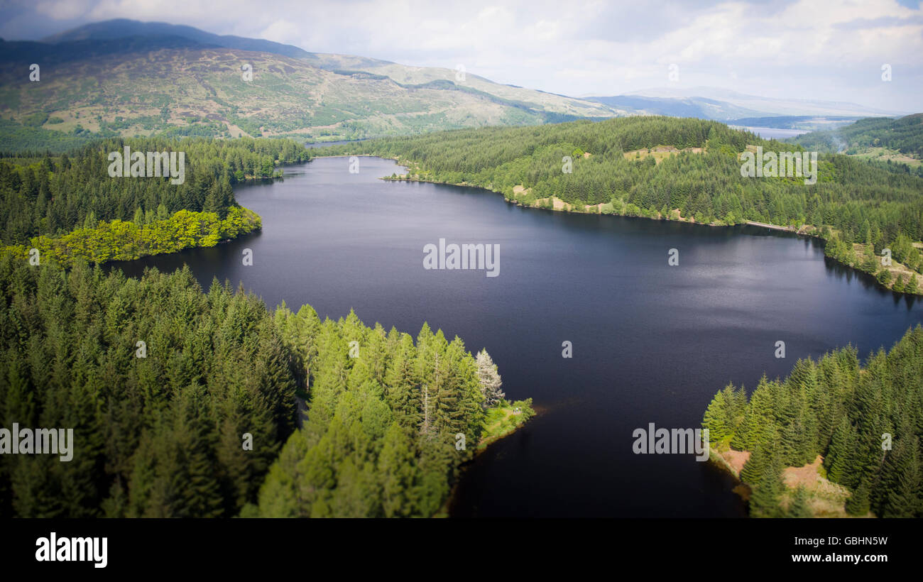 Luftbild-Drohne Foto von Loch Drunkie Trossachs Stockfoto