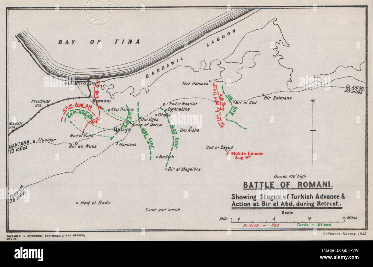 Erster Weltkrieg: Schlacht von Romani. Ägypten. Britische & türkischen Positionen, 1935 Karte Stockfoto