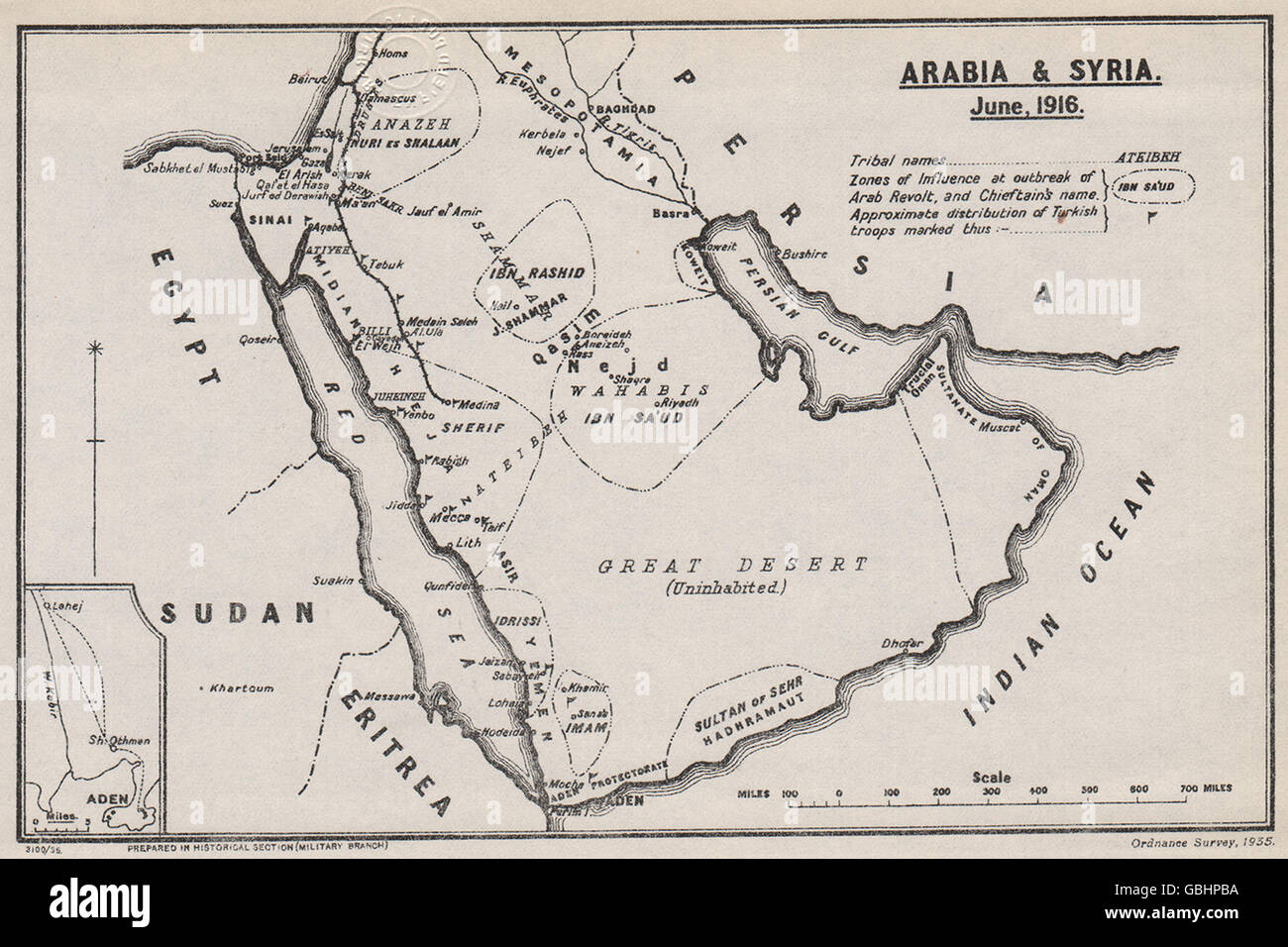 ARABISCHEN Revolte 1916:tribal & Häuptling Namen. Türkische Truppen Positionen. WW1, 1935 Karte Stockfoto