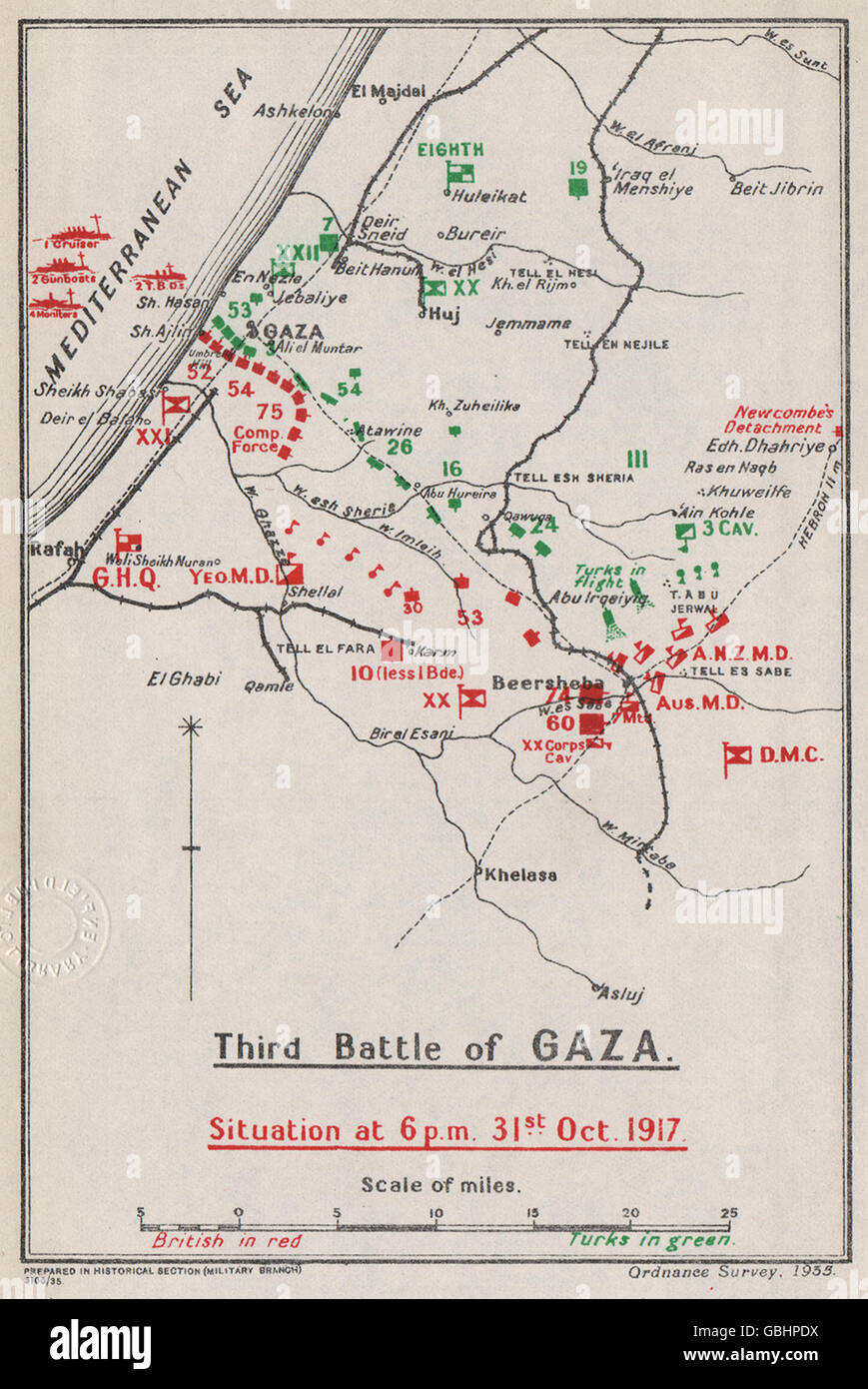 1. Weltkrieg: 3. Schlacht von Gaza.31st Okt 1917.Palestine.Turks Briten, 1935 Karte Stockfoto