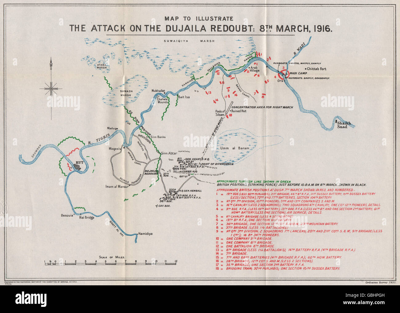 Erster Weltkrieg: Schlacht von Dujaila, 8. März 1916. Mesopotamien. Irak, 1935 Karte Stockfoto