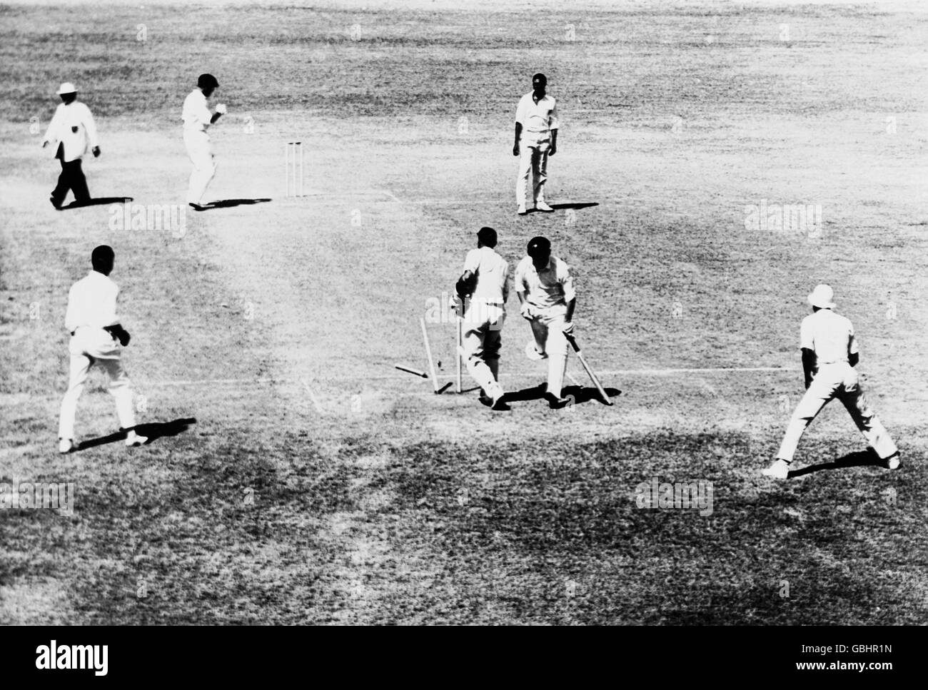 Australiens Peter Philpott (zweite R) Gerade macht sich als West Indies-Wicketkeeper Jackie Hendriks auf den Weg (Vierter r) bricht das Wicket Stockfoto
