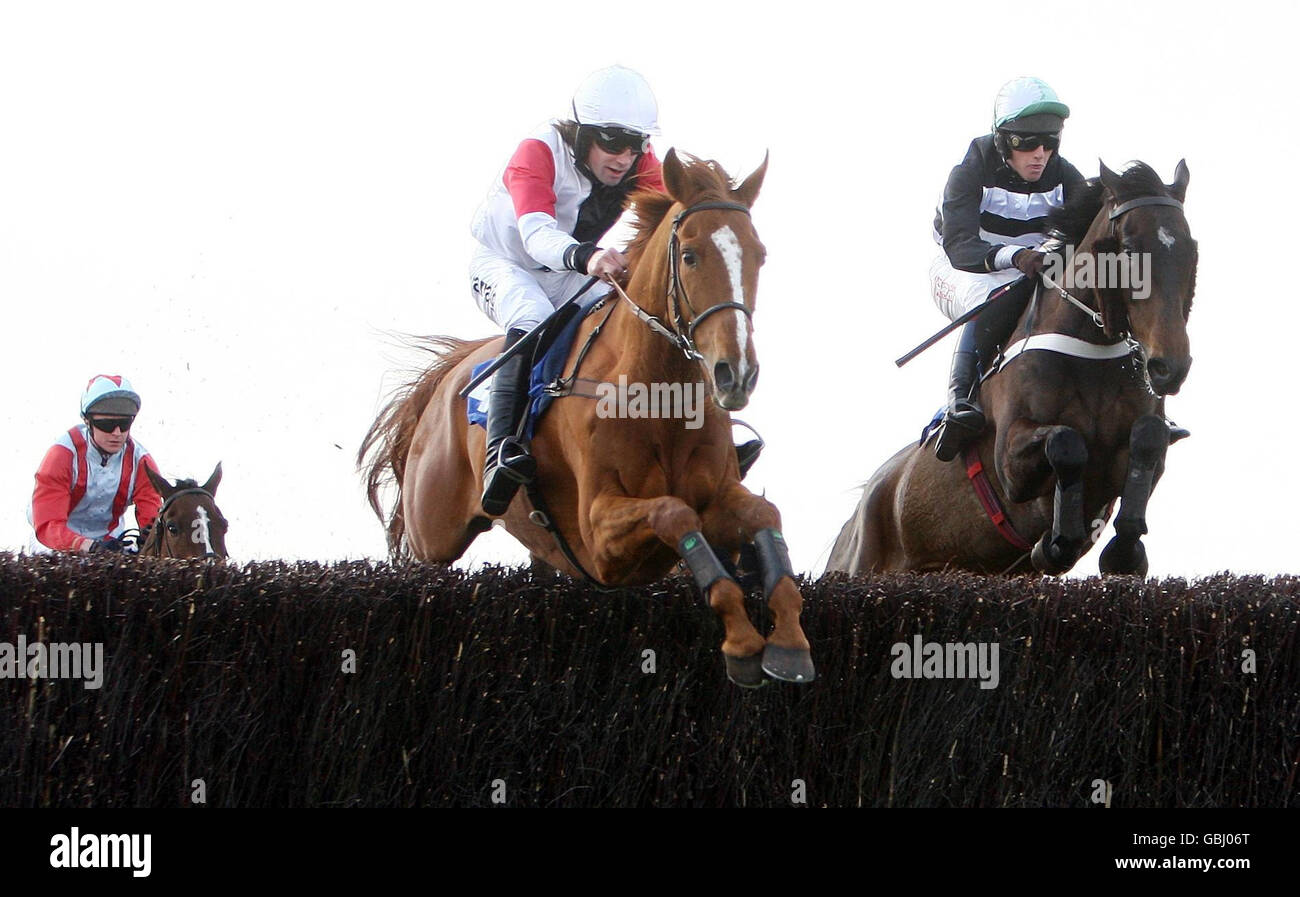 Mount Benger, geritten von Christian Williams (Mitte), schlägt Jimmy Bedney, geritten von Lee Evans (rechts), auf ihrem Weg zum Sieg in der Lindley Caterers Beginners' Chase während des Spring Afternoon Meeting auf der Rennbahn von Hereford. Stockfoto