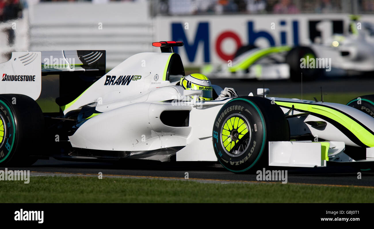 Brawn GP-Pilot Jenson Button beim ersten Training im Albert Park, Melbourne, Australien. Stockfoto