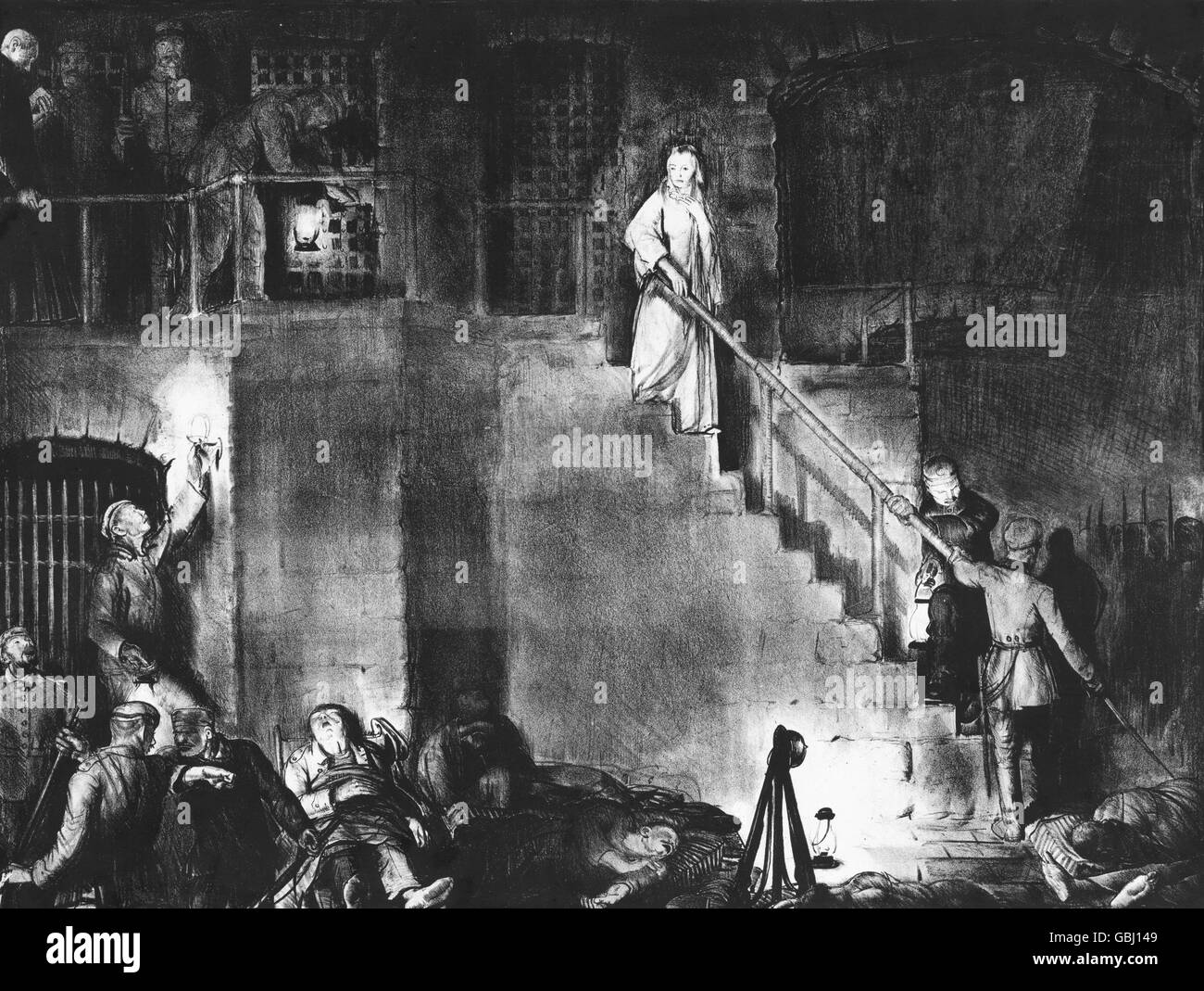 "Die Ermordung von Edith Cavell" von George Bellows, 1918. Edith Cavell (1865-1915) war eine britische Krankenschwester, die im ersten Weltkrieg von den deutschen Truppen hingerichtet wurde. Dieser Ausdruck zeigt Cavell anhalten beim Abstieg einer Treppe in einem Gefängnis in Belgien, vor ihrer Hinrichtung. Stockfoto
