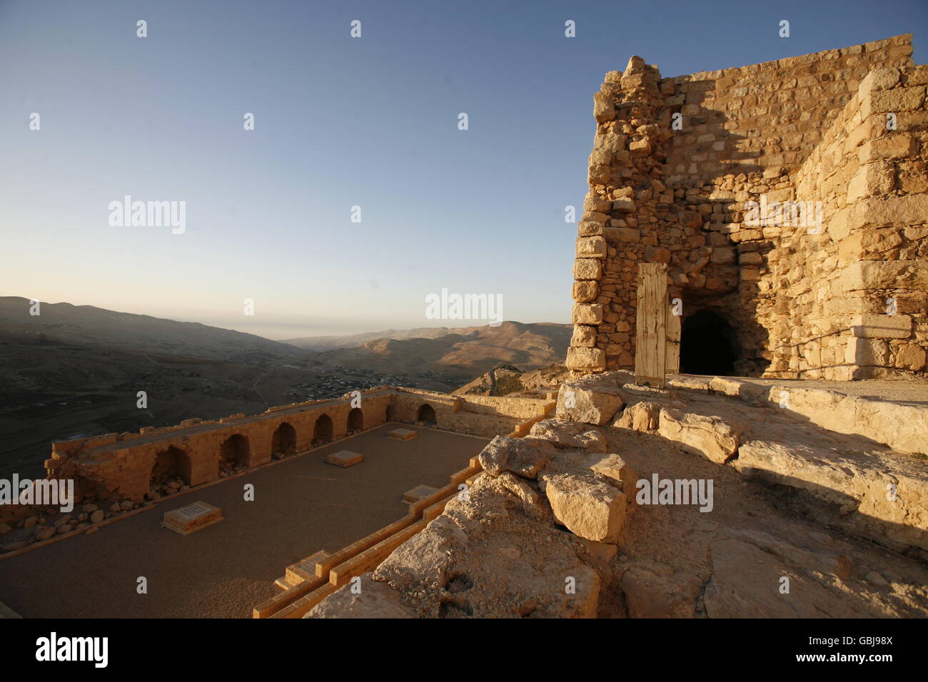 Die Karak Schloß im Dorf von Karak in Jordanien im Nahen Osten. Stockfoto