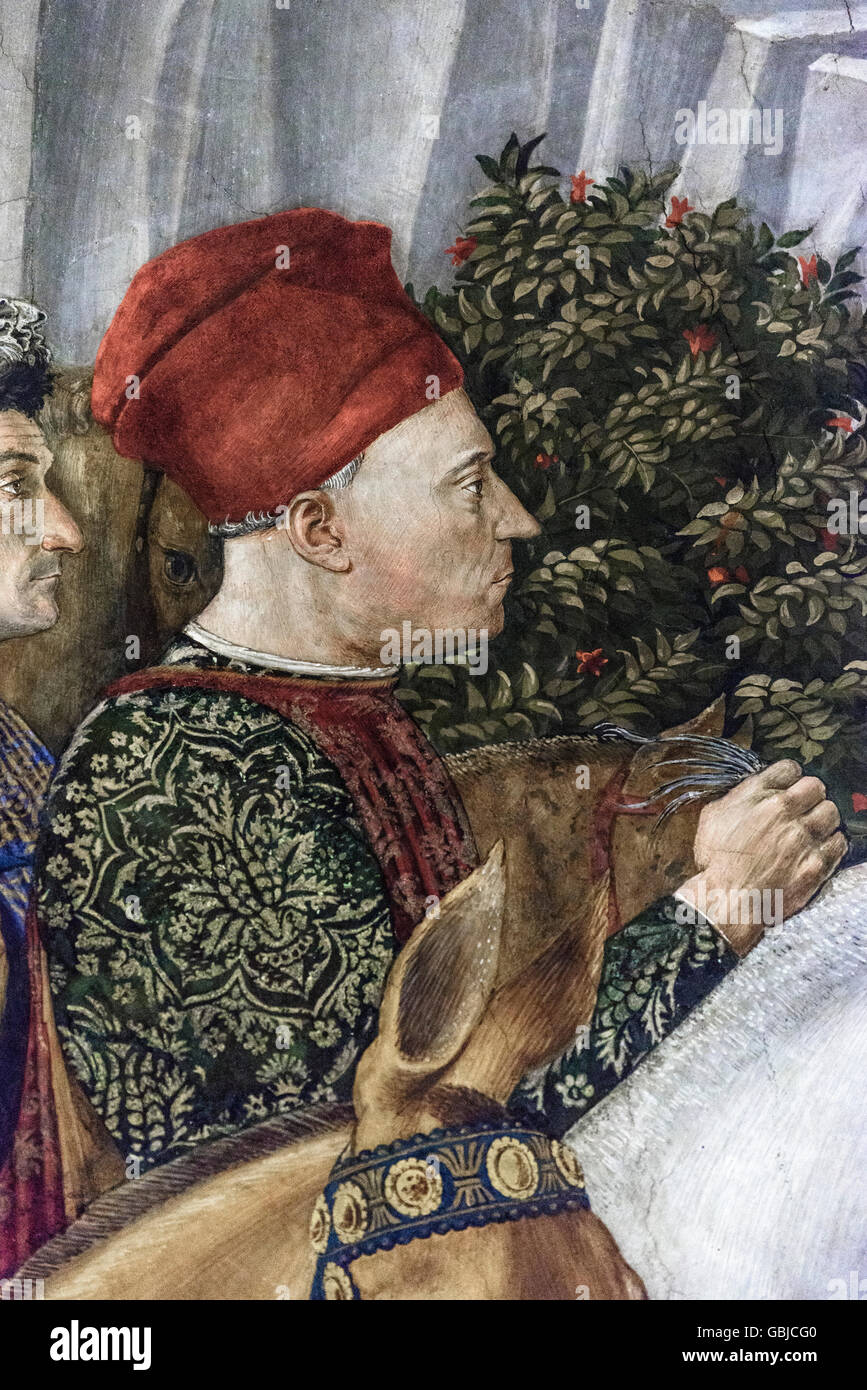Florenz. Italien. Die Prozession der Heiligen Drei Könige Fresken von Benozzo Gozzoli, Detail von Piero di Cosimo de Medici. Capella dei Magi, Palazzo Medici Riccardi Stockfoto