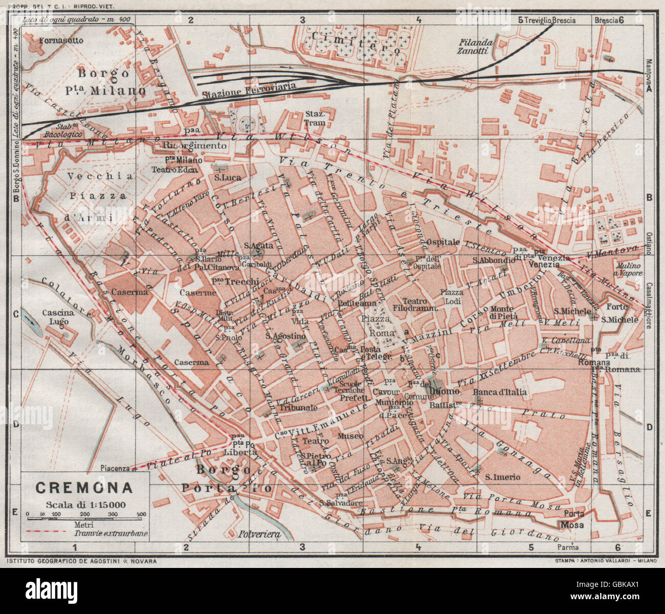 CREMONA. Karte Stadtplan Vintage Stadt. Italien, 1924 Stockfotografie