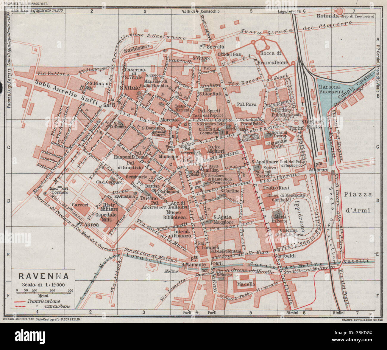 RAVENNA. Karte Stadtplan Vintage Stadt. Italien, 1924 Stockfotografie