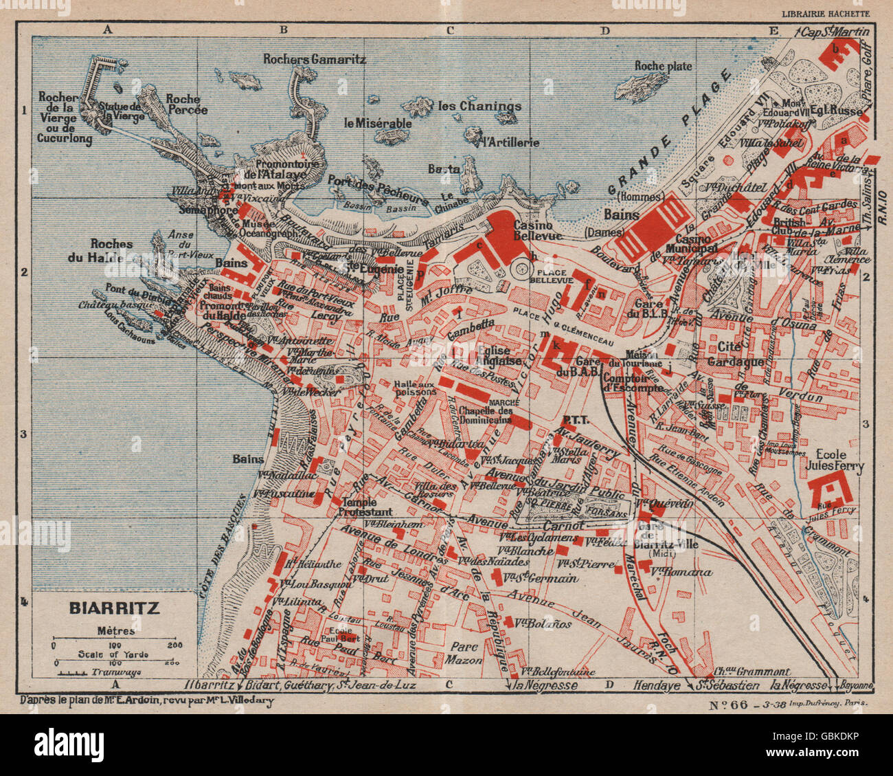 BIARRITZ. Karte Stadtplan Vintage Stadt. Pyrenäen-Atlvintages, 1933 Stockfoto