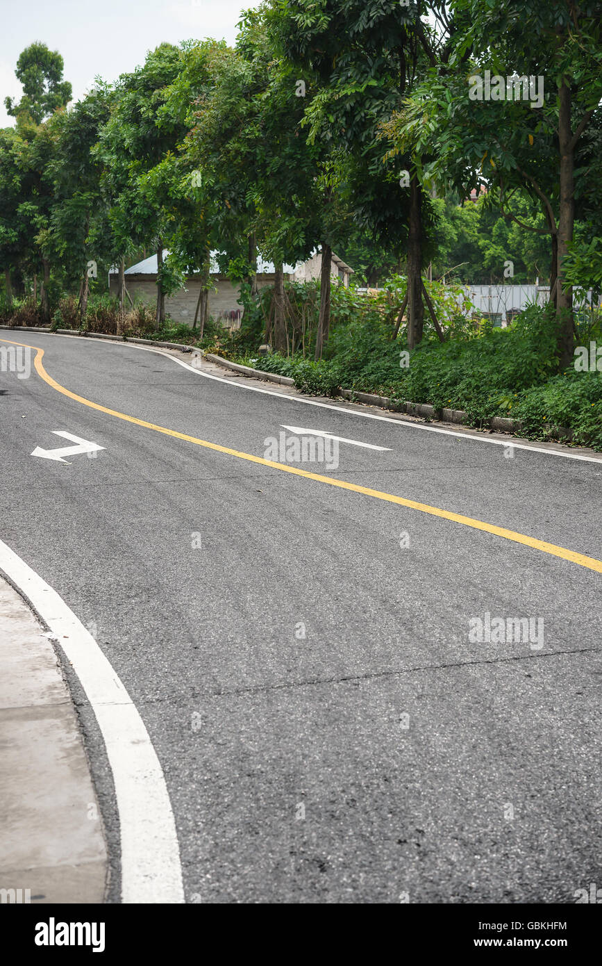 gebogene Asphalt mit Pfeil-Zeichen Stockfoto