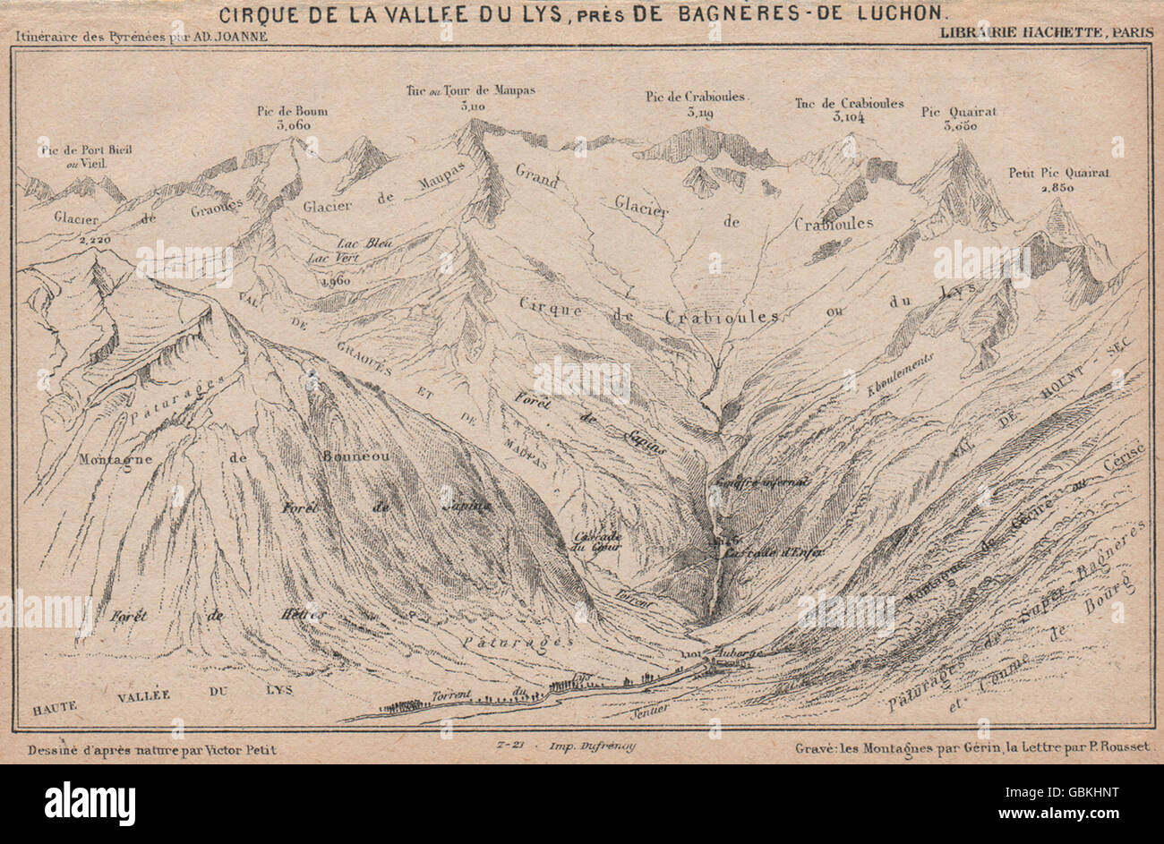 CIRQUE DES CRABIOULES. Vallée du Lis. Pyrénées. Haute-Garonne. Panoramakarte 1921 Stockfoto