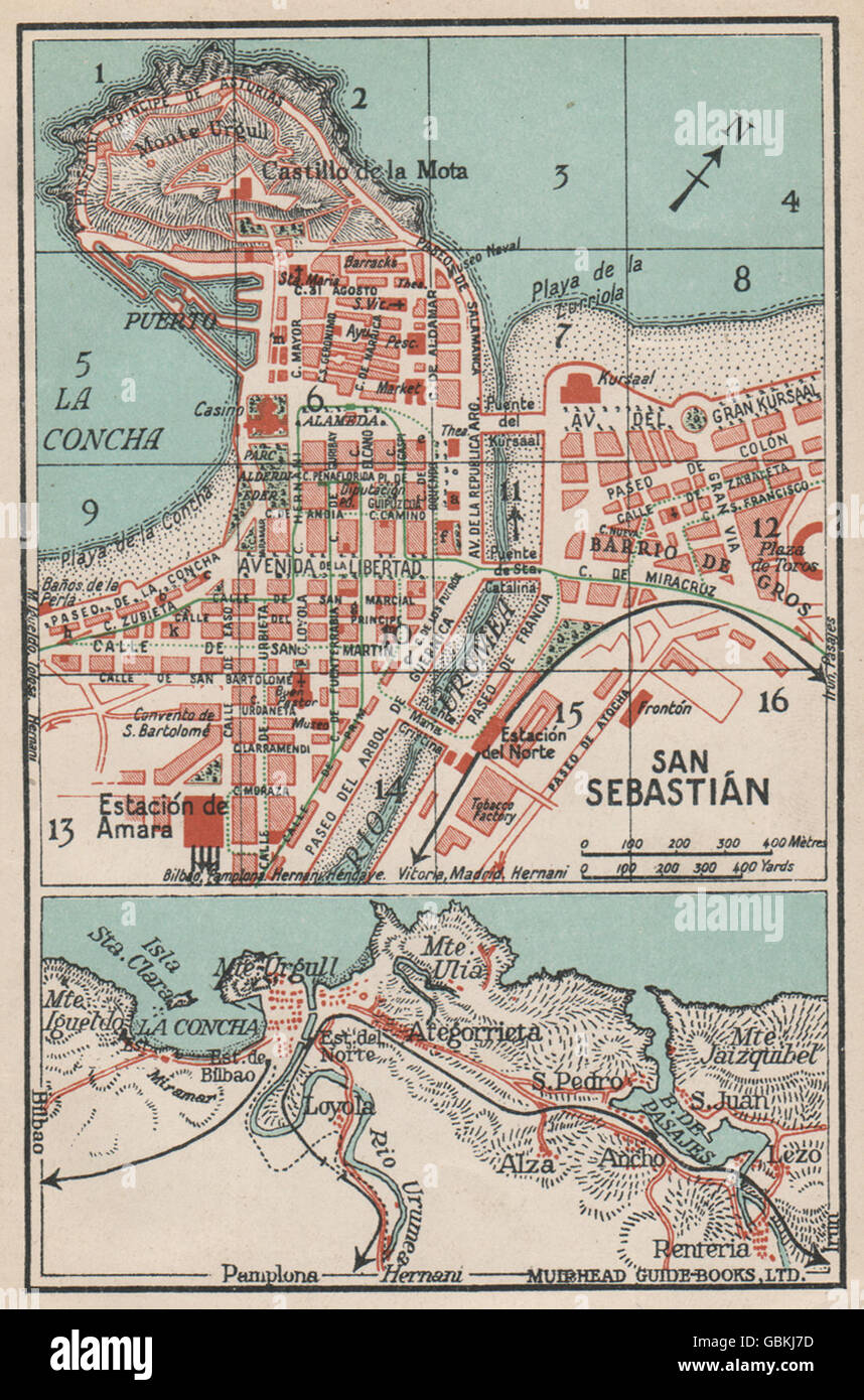 SAN SEBASTIÁN. Karte Stadtplan Vintage Stadt. Spanien, 1930 ...