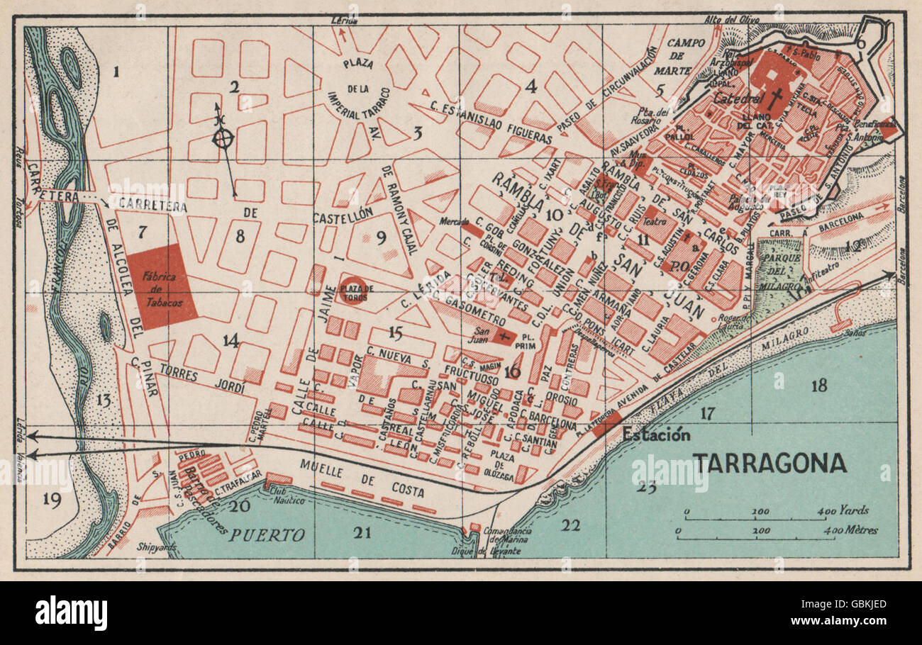 TARRAGONA. Karte Stadtplan Vintage Stadt. Spanien, 1930 Stockfotografie