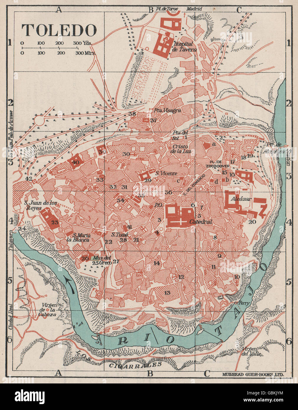 TOLEDO. Karte Stadtplan Vintage Stadt. Spanien, 1930 Stockfotografie