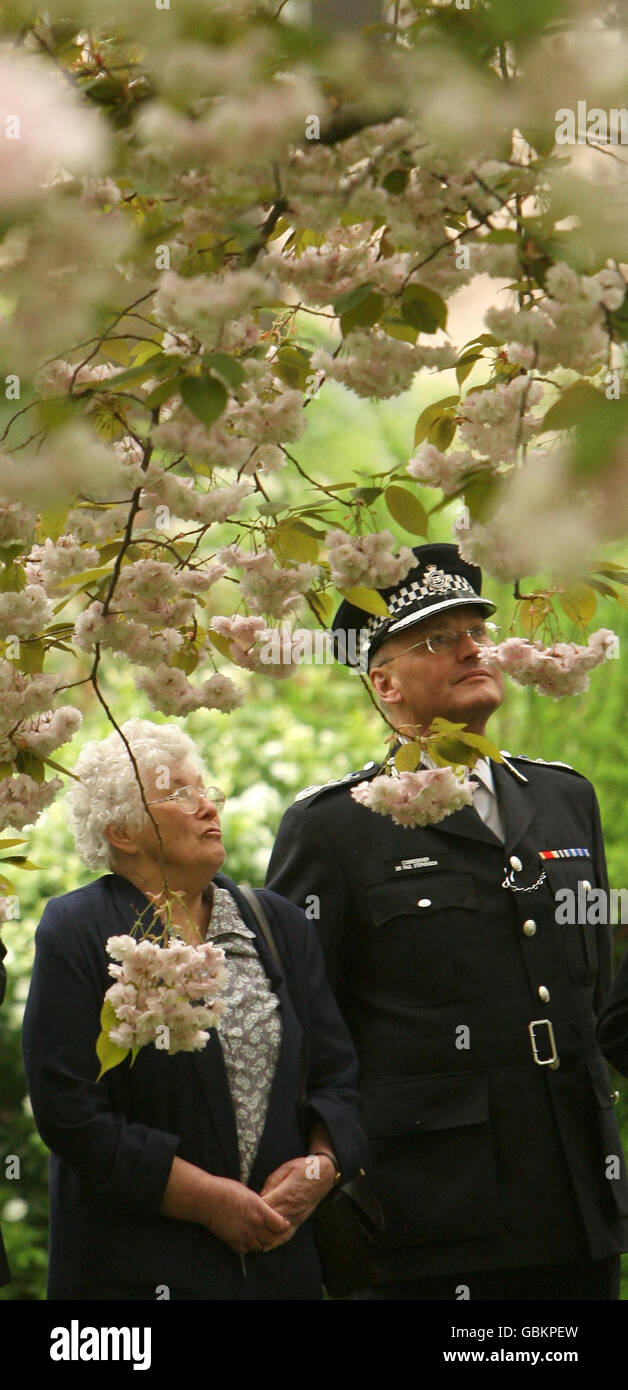 Queenie Fletcher, die Mutter von PC Yvonne Fletcher, spricht bei einem Gedenkgottesdienst auf dem St. James's Square in London mit dem Hauptkommissar der Metropolitan Police, Sir Paul Stephenson, unter den Zweigen eines Kirschbaums, um den 25. Jahrestag des Mordes an ihrer Tochter zu begehen. Stockfoto