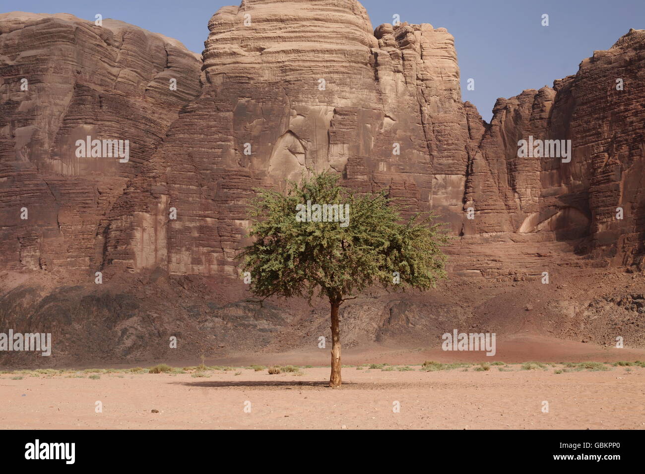 Die Landschaft der Wüste Wadi Rum in Jordanien im Nahen Osten. Stockfoto