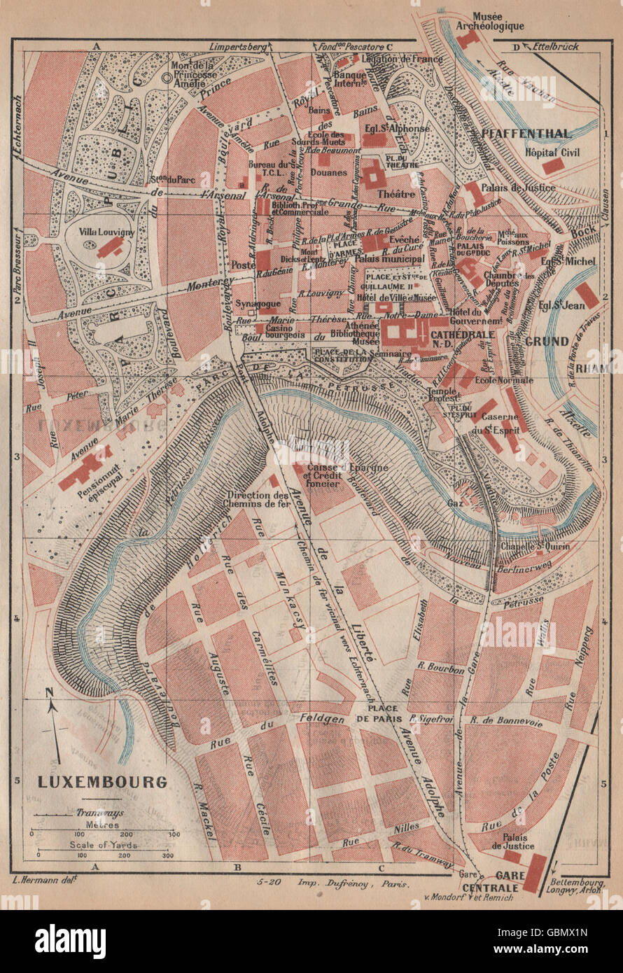 Luxemburg. Karte Stadtplan Vintage Stadt. Luxemburg, 1920