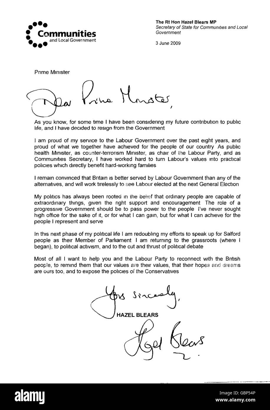 Eine Kopie des Schreibens, das von der Sekretärin der Gemeinschaften, Hazel Blears, an Premierminister Gordon Brown geschickt wurde und über ihre Entscheidung, aus dem Kabinett zurückzutreten, informierte. Stockfoto