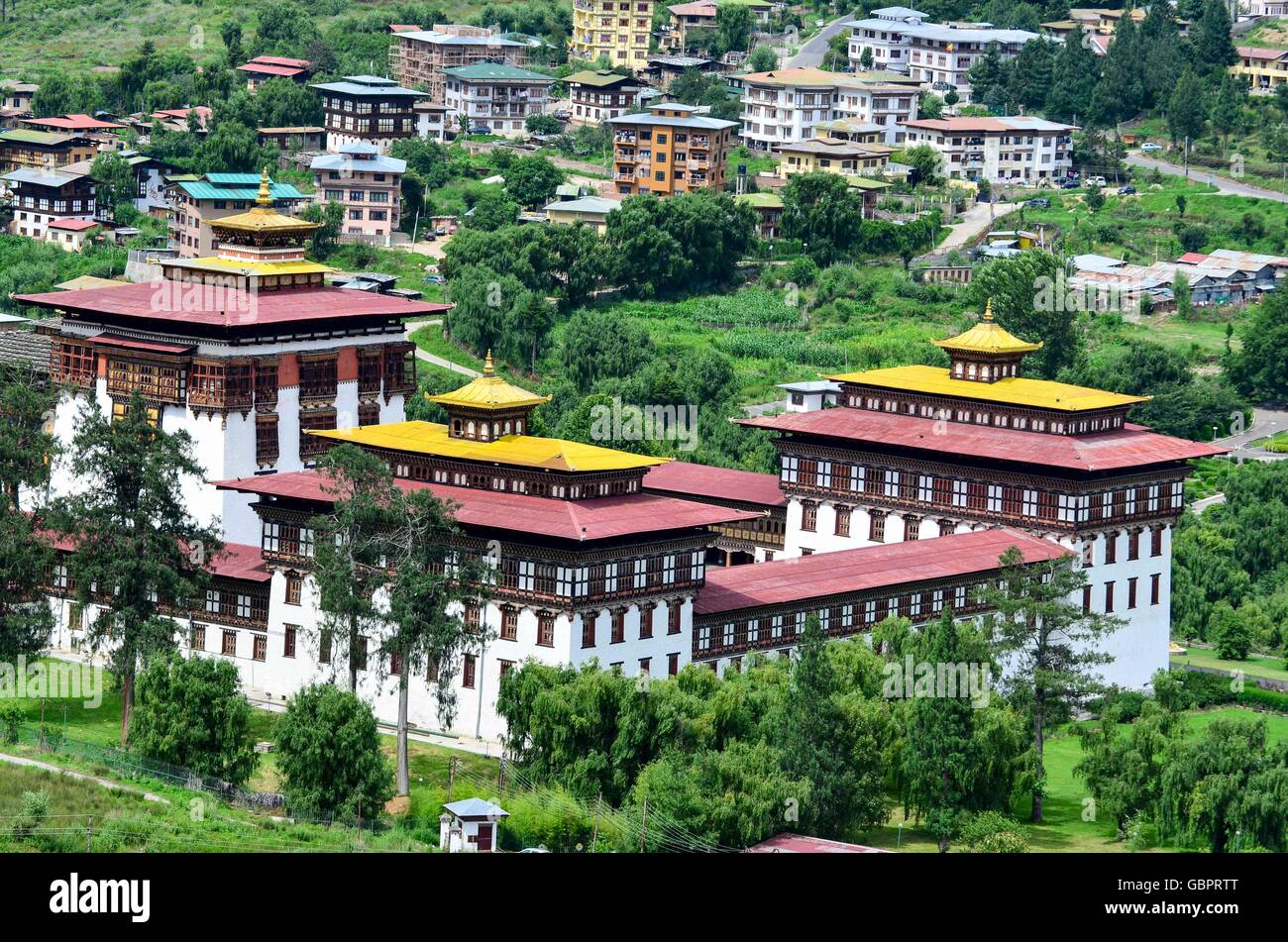 Luftaufnahme von Thimphu Dzong in Bhutan Stockfoto